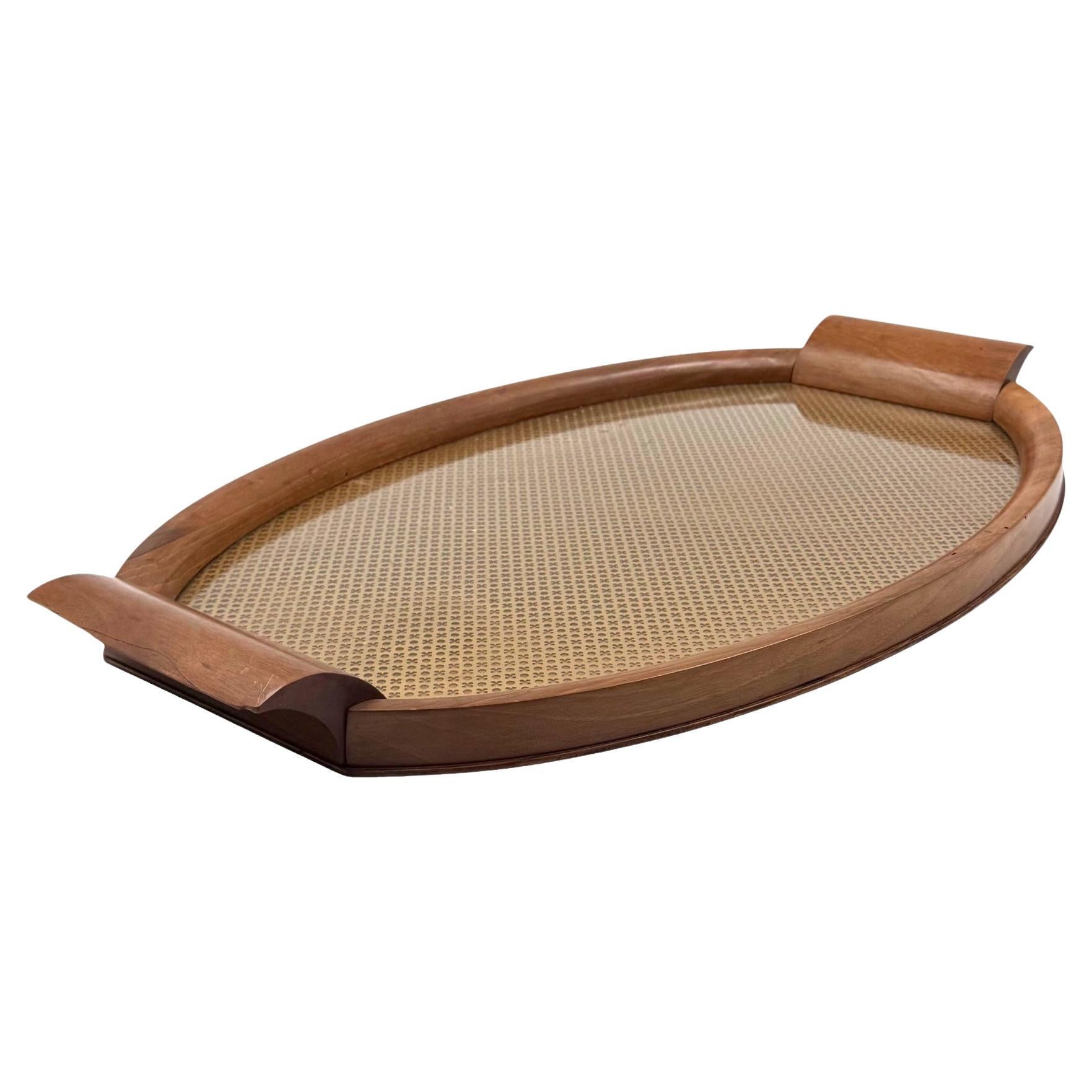 Mid-century wood and brass tray, Italy 1950s For Sale