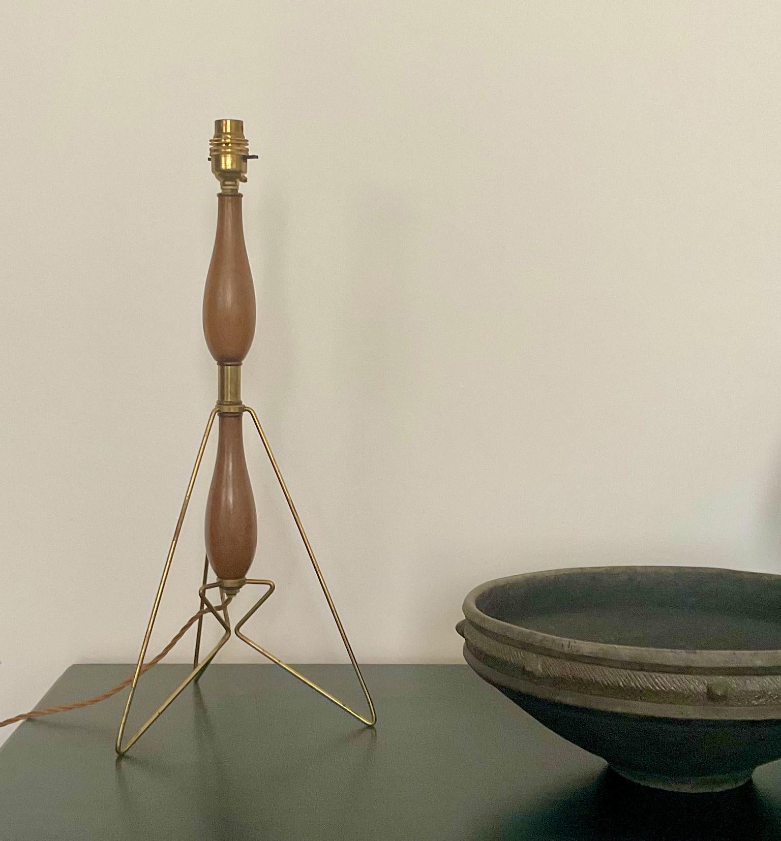 Belgian Midcentury Wood and Brass Tripod Lamp, European
