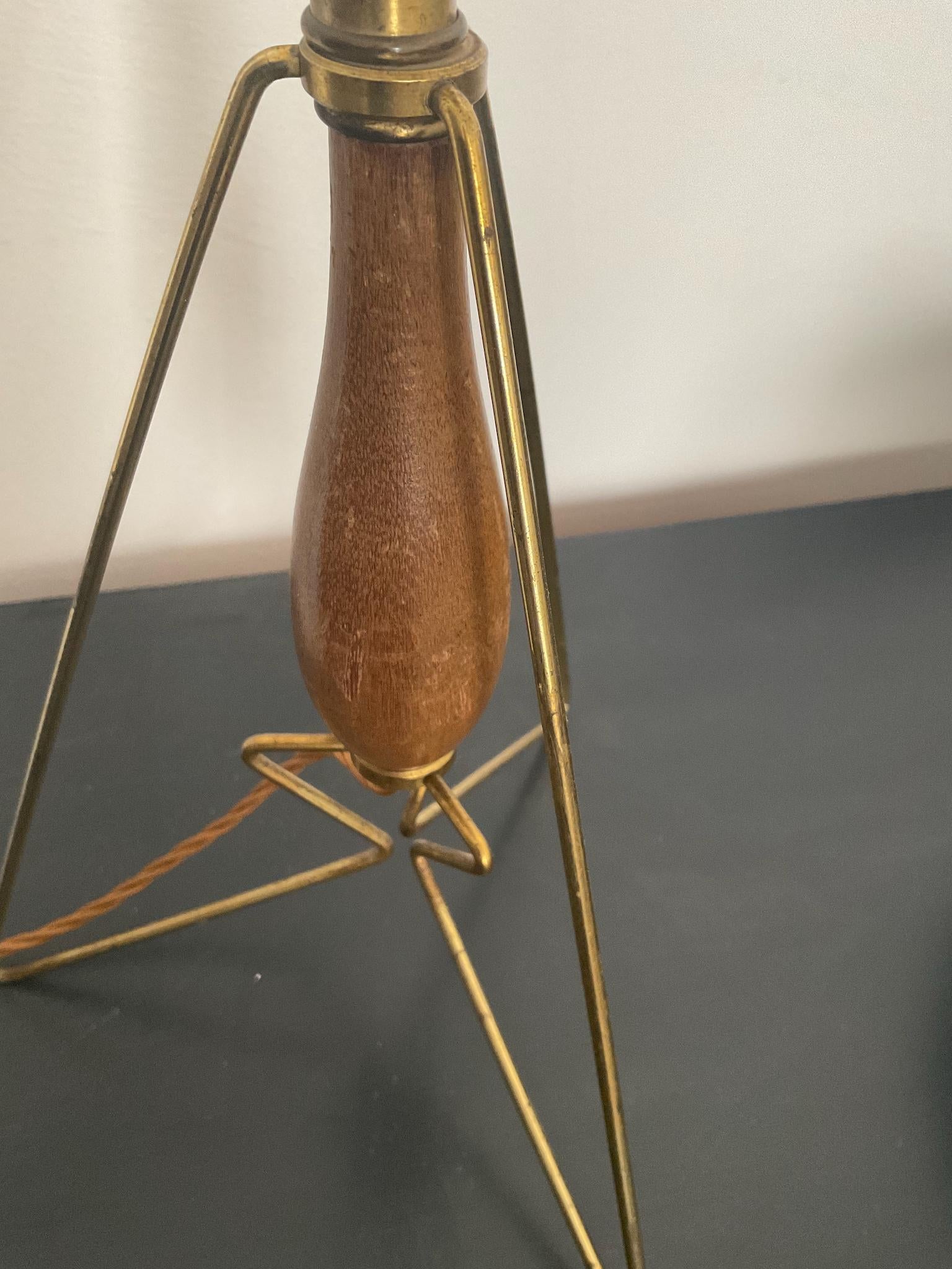 20th Century Midcentury Wood and Brass Tripod Lamp, European