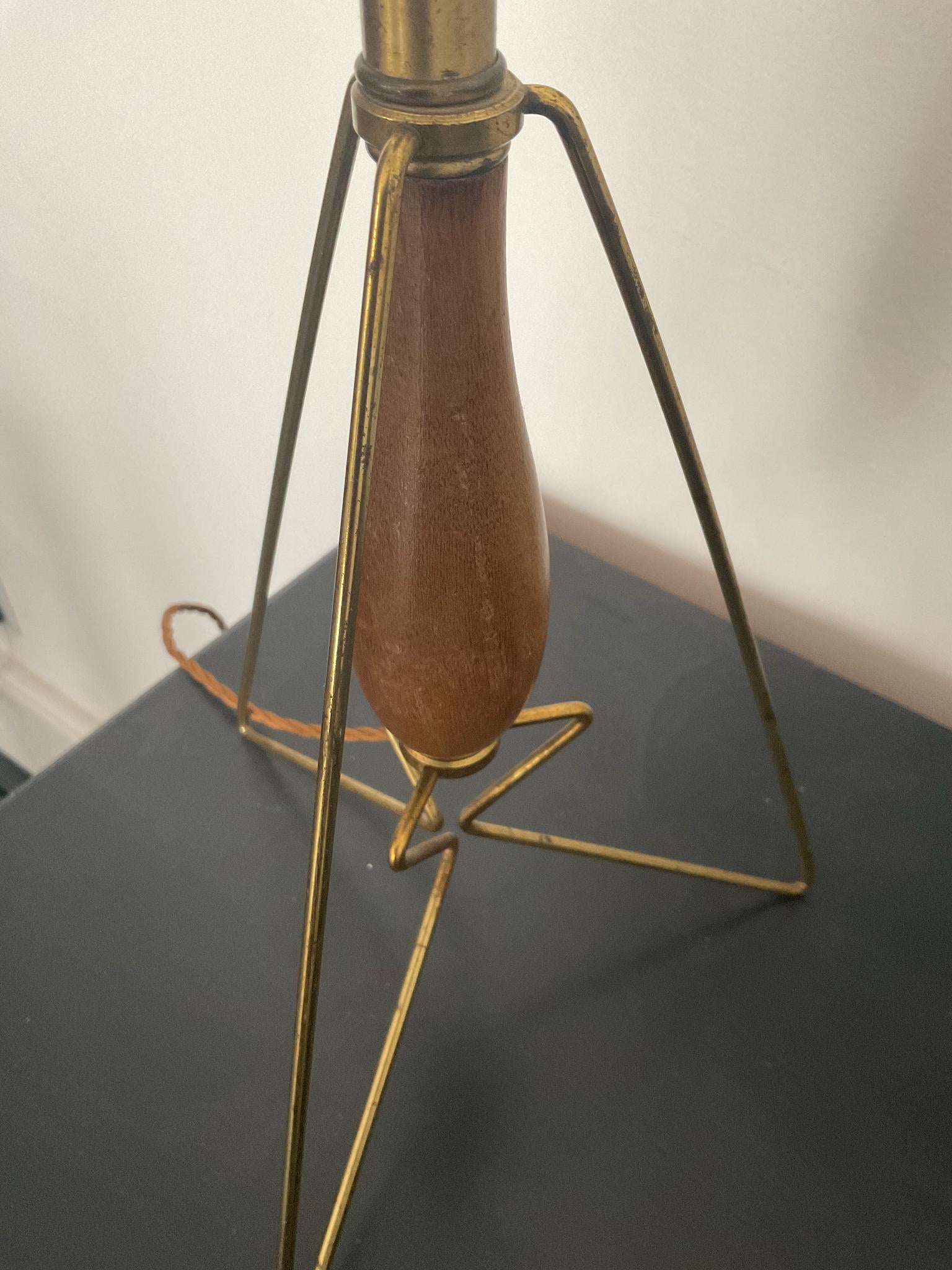 Midcentury Wood and Brass Tripod Lamp, European 1