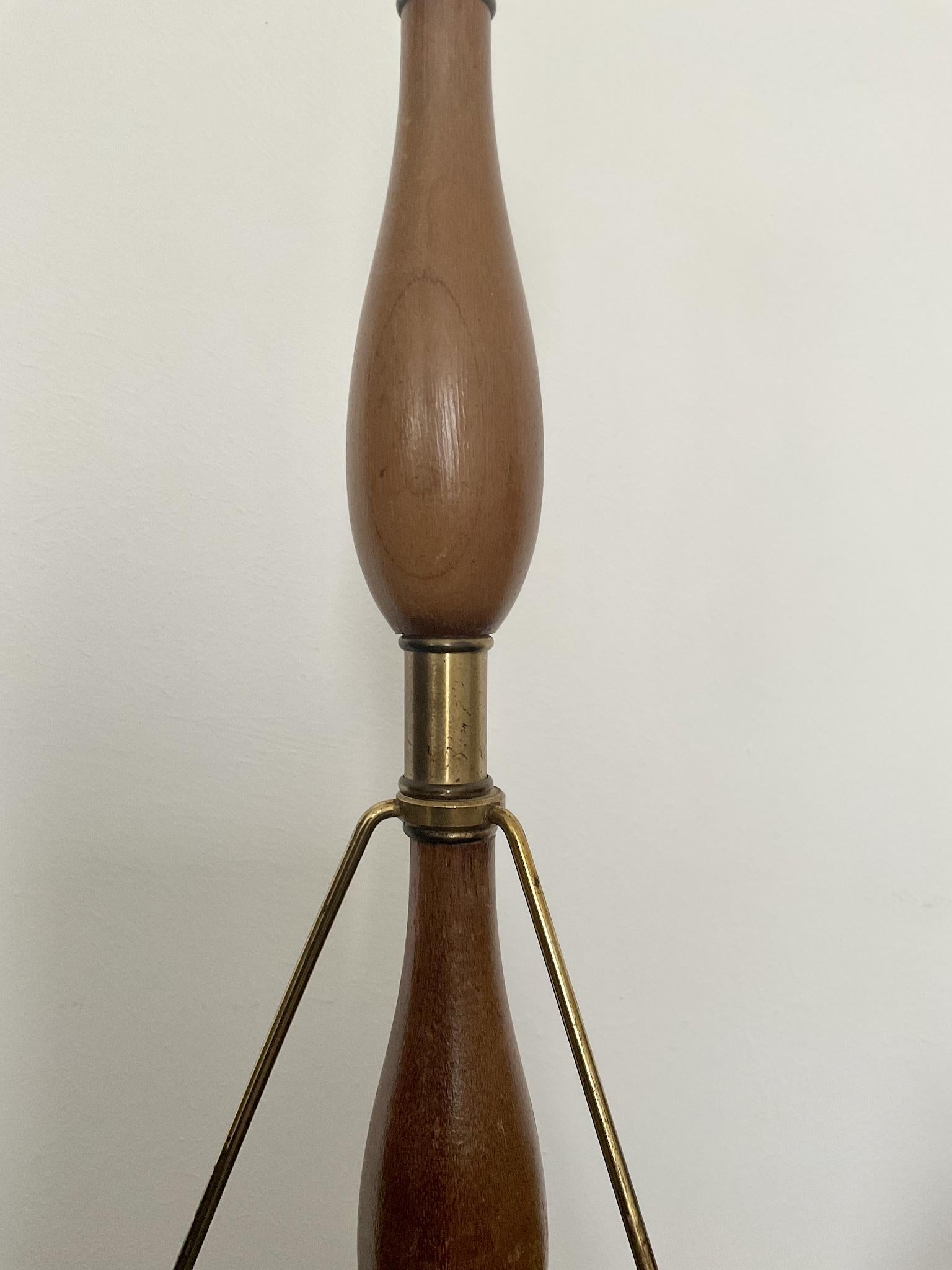 Midcentury Wood and Brass Tripod Lamp, European 2