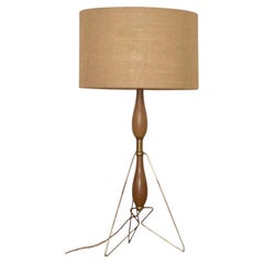 Midcentury Wood and Brass Tripod Lamp, European