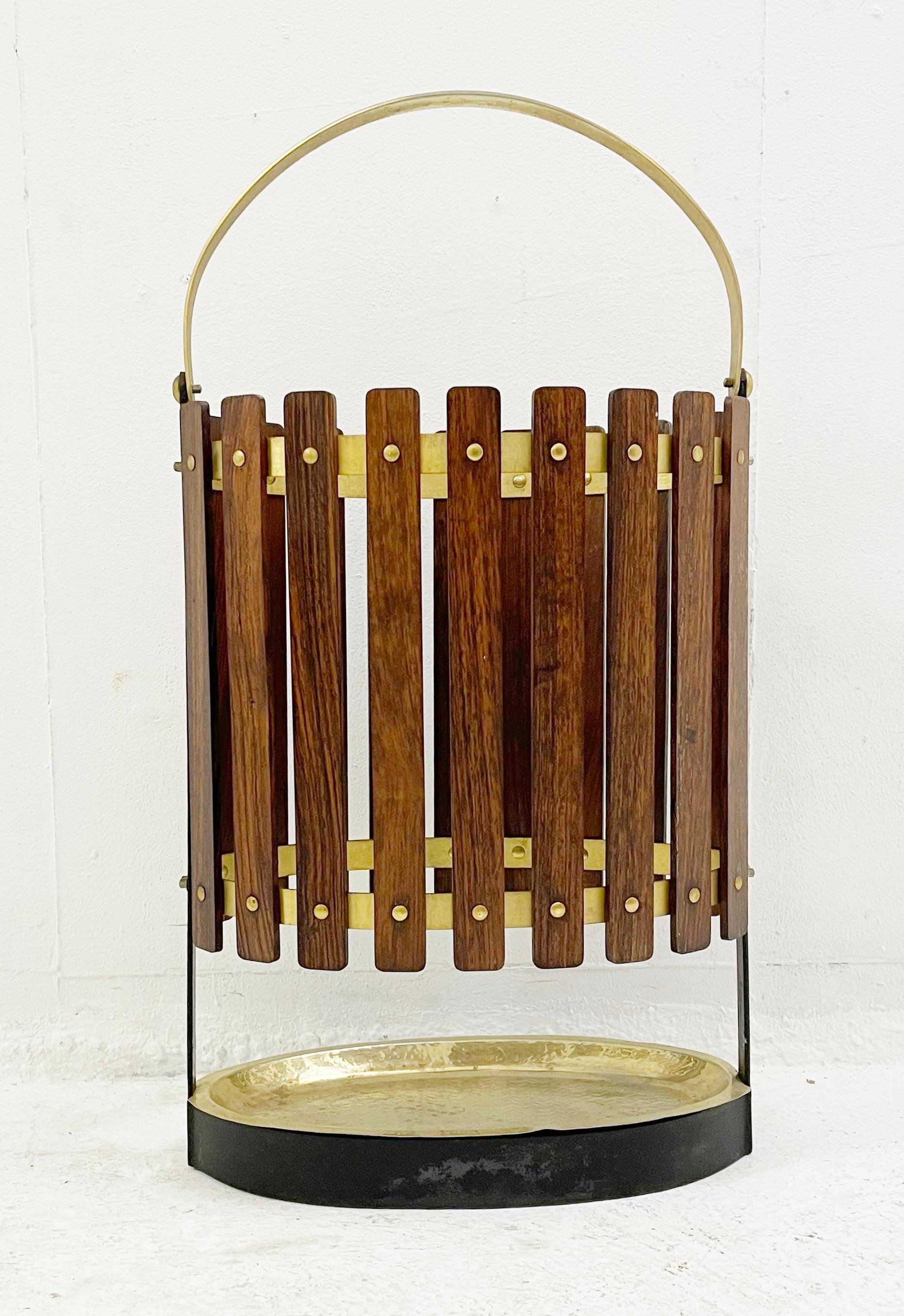 Italian Mid-Century Wood and Brass Umbrella Stand, Italy 1950s For Sale