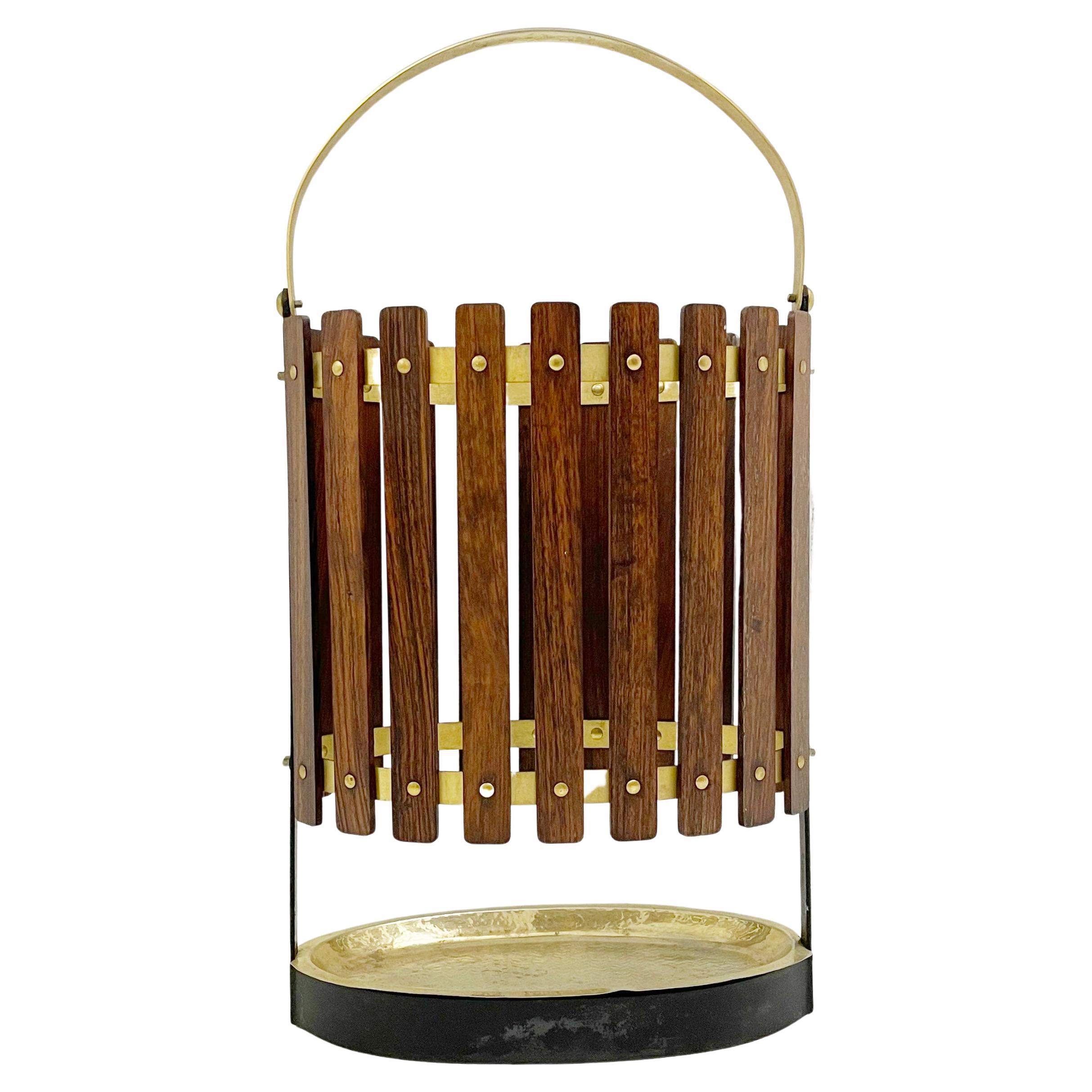 Mid-Century Wood and Brass Umbrella Stand, Italy 1950s