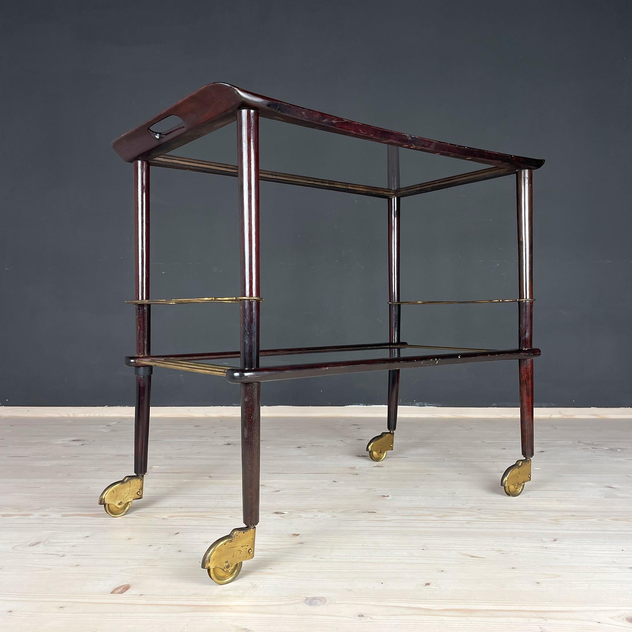 Italian Mid-Century wood and glass bar cart trolley by Ico Parisi for De Baggis Italy 19 For Sale