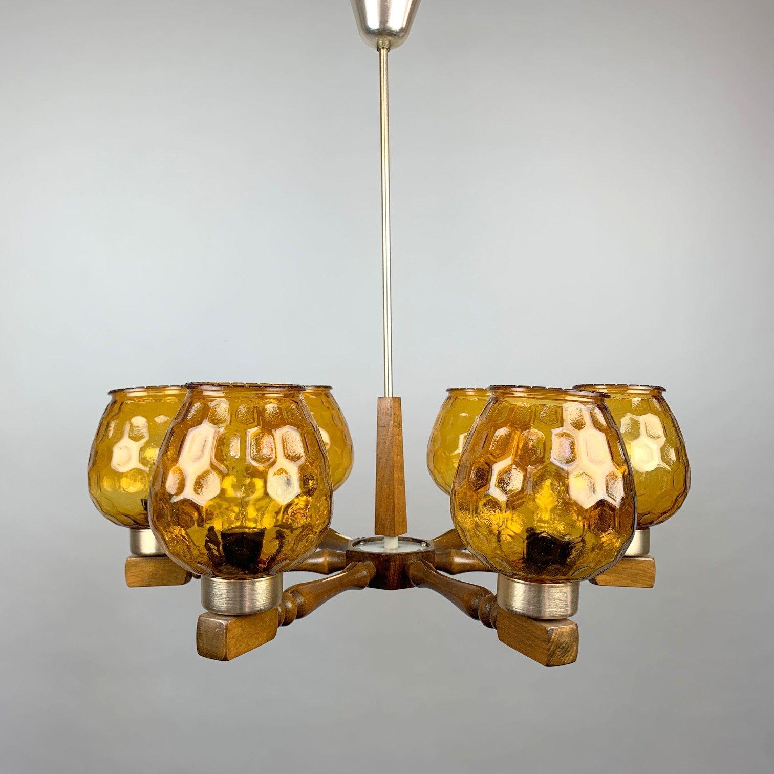 Mid Century Wood and Glass Chandelier, 1970's For Sale 4