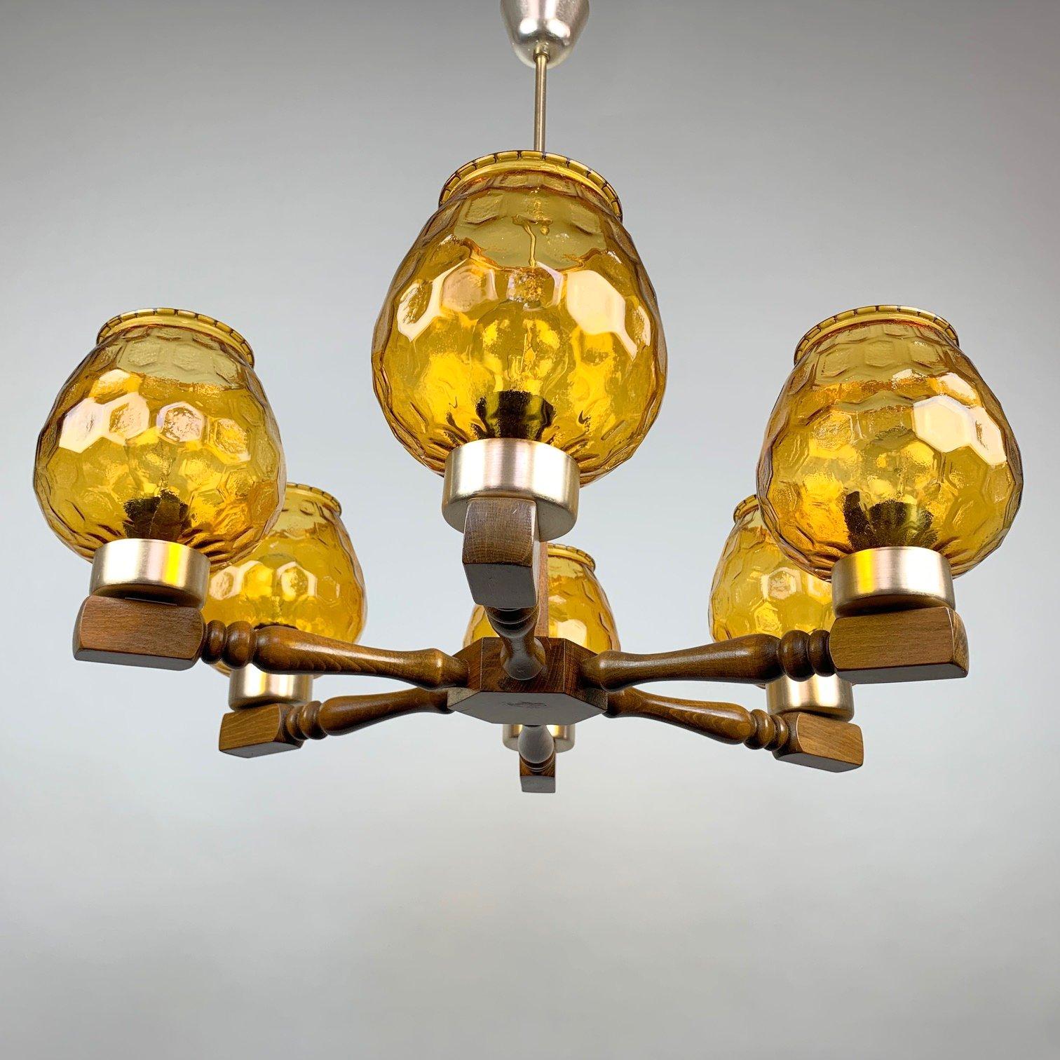 Mid-Century Modern Mid Century Wood and Glass Chandelier, 1970's For Sale
