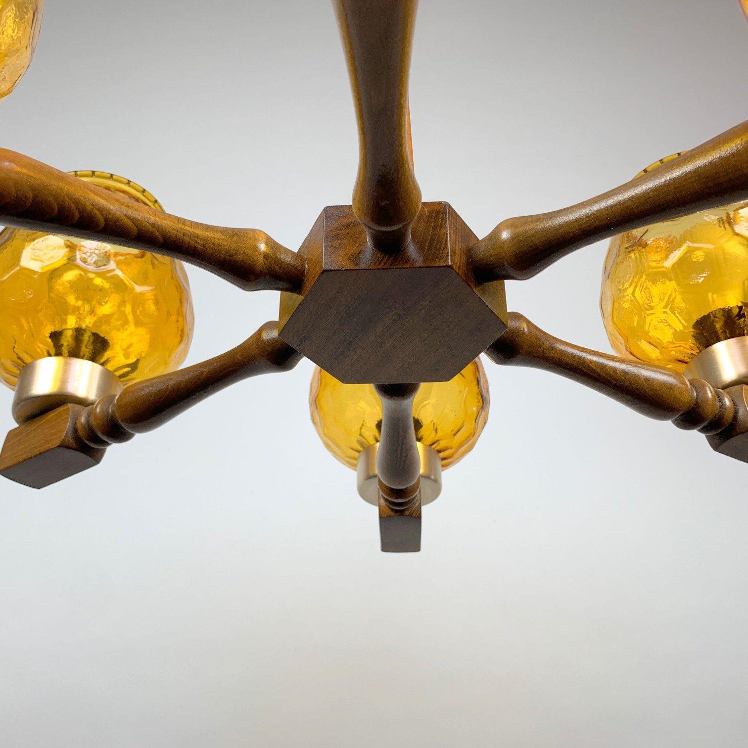 Czech Mid Century Wood and Glass Chandelier, 1970's For Sale