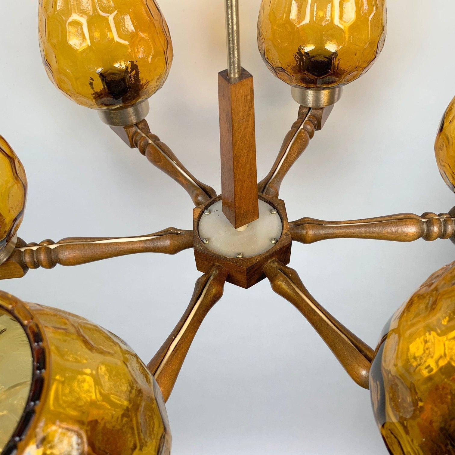 20th Century Mid Century Wood and Glass Chandelier, 1970's For Sale