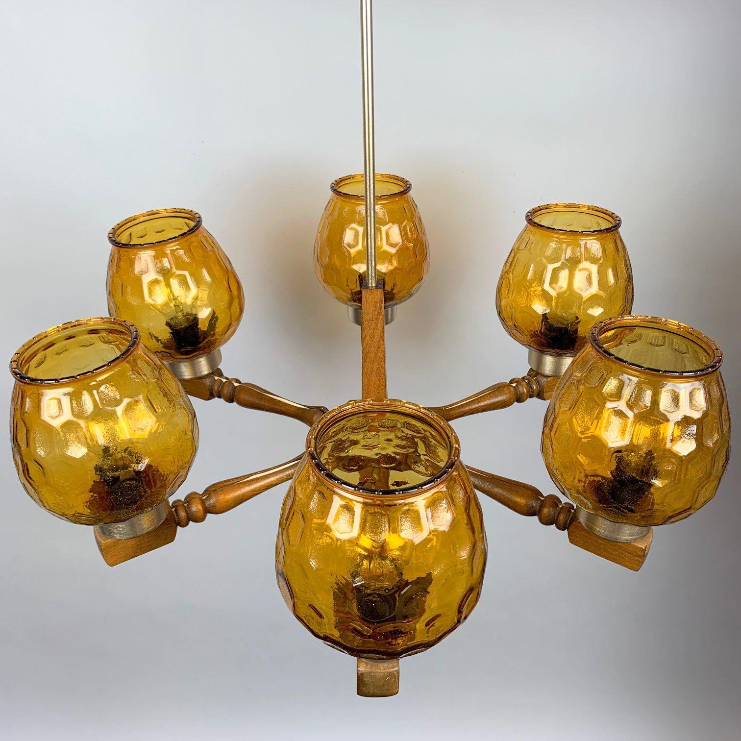 Mid Century Wood and Glass Chandelier, 1970's For Sale 2