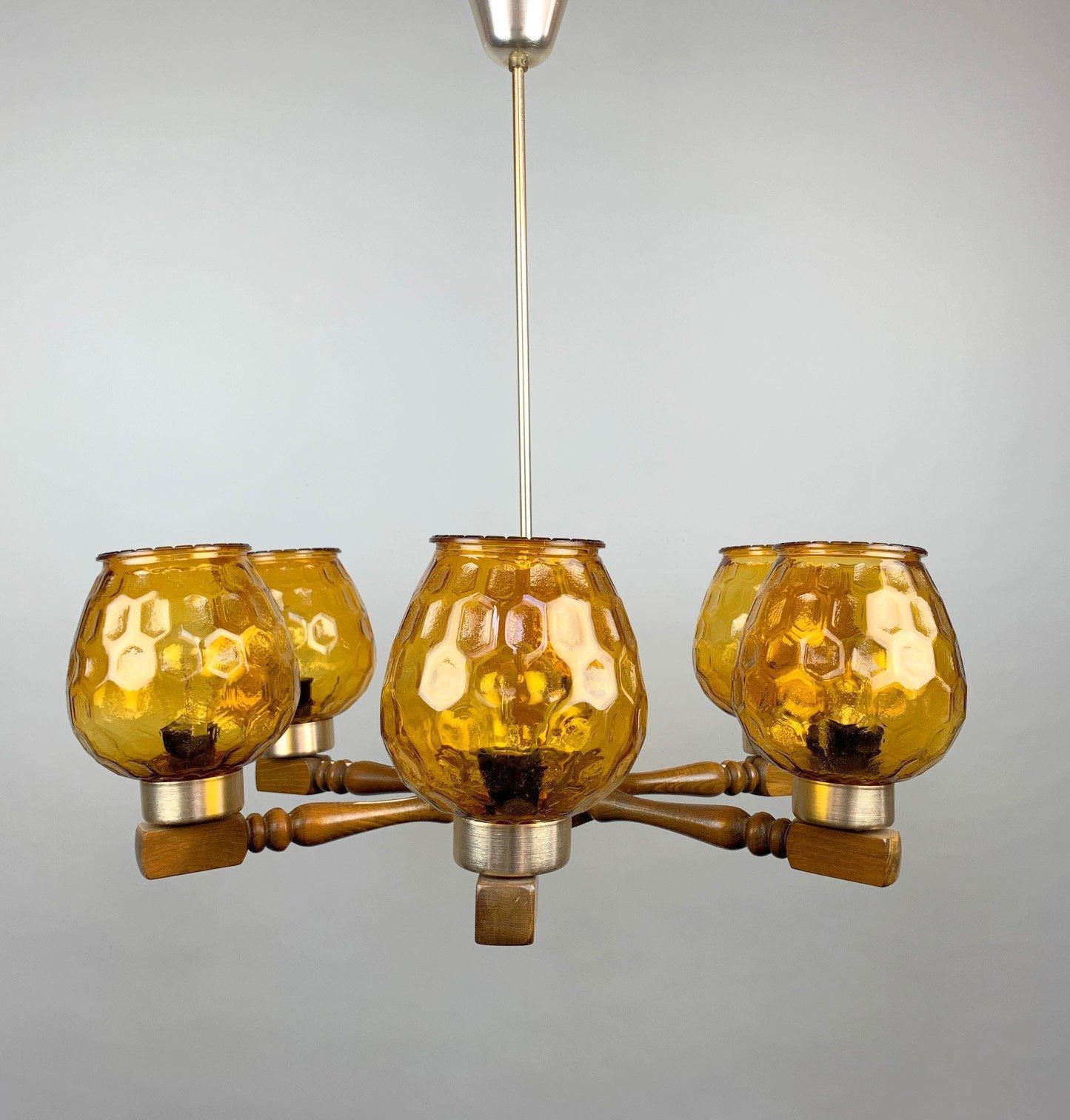 Mid Century Wood and Glass Chandelier, 1970's For Sale 3