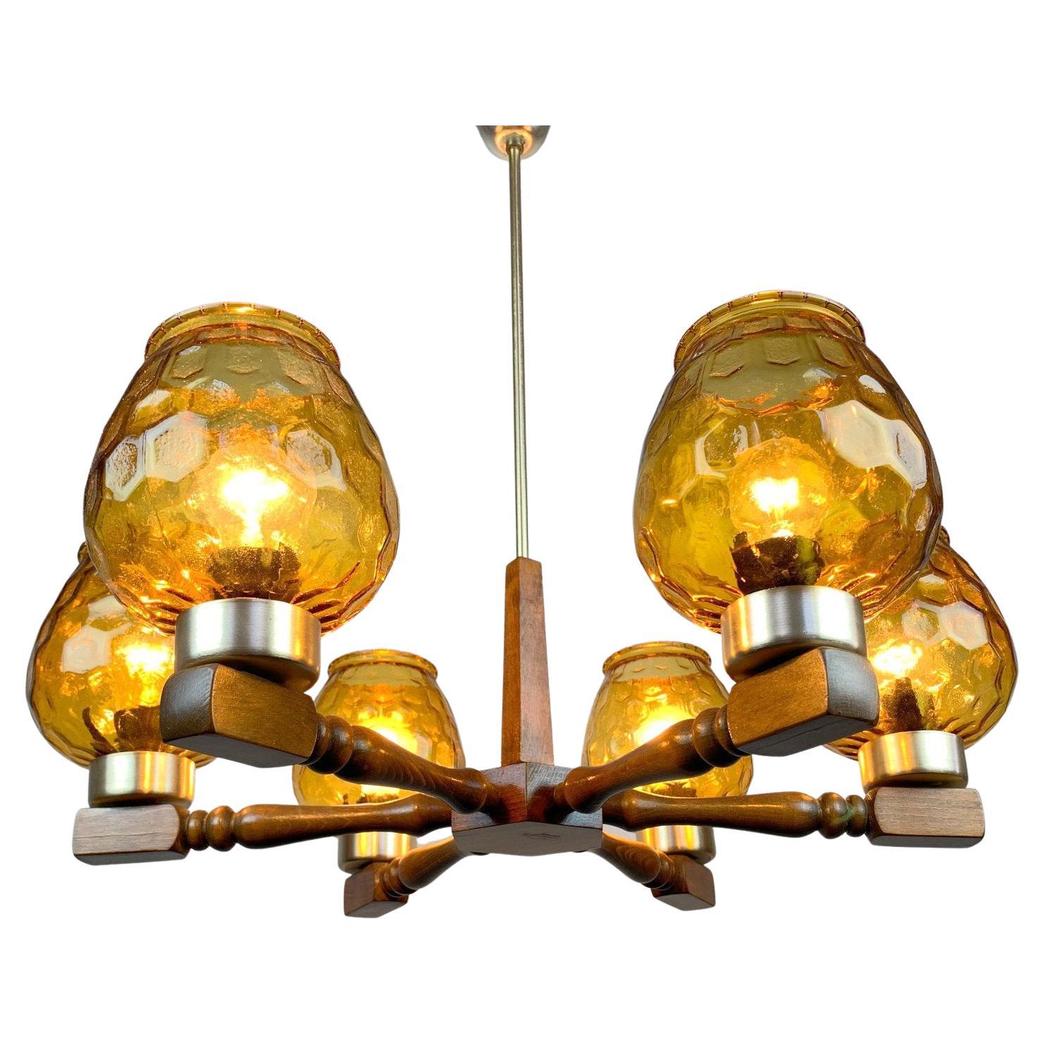 Mid Century Wood and Glass Chandelier, 1970's