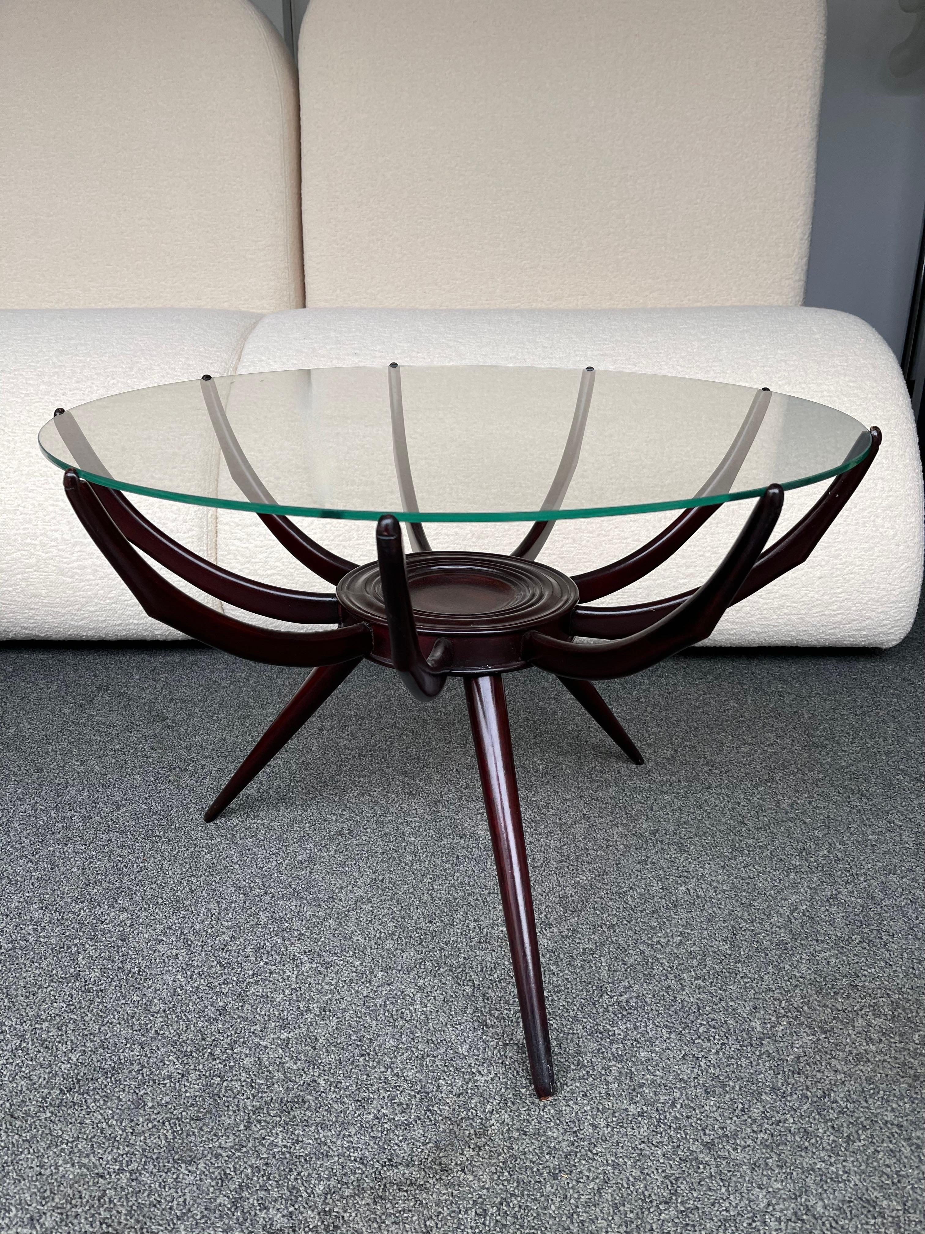 Mid Century Wood and Glass Spider Coffee Table by Carlo De Carli, Italy, 1950s For Sale 1