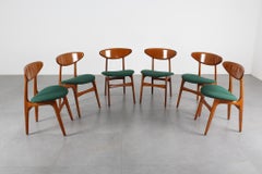 Mid-Century Wood and Green Fabric set of 6 Scandinavian Chair, 1960s