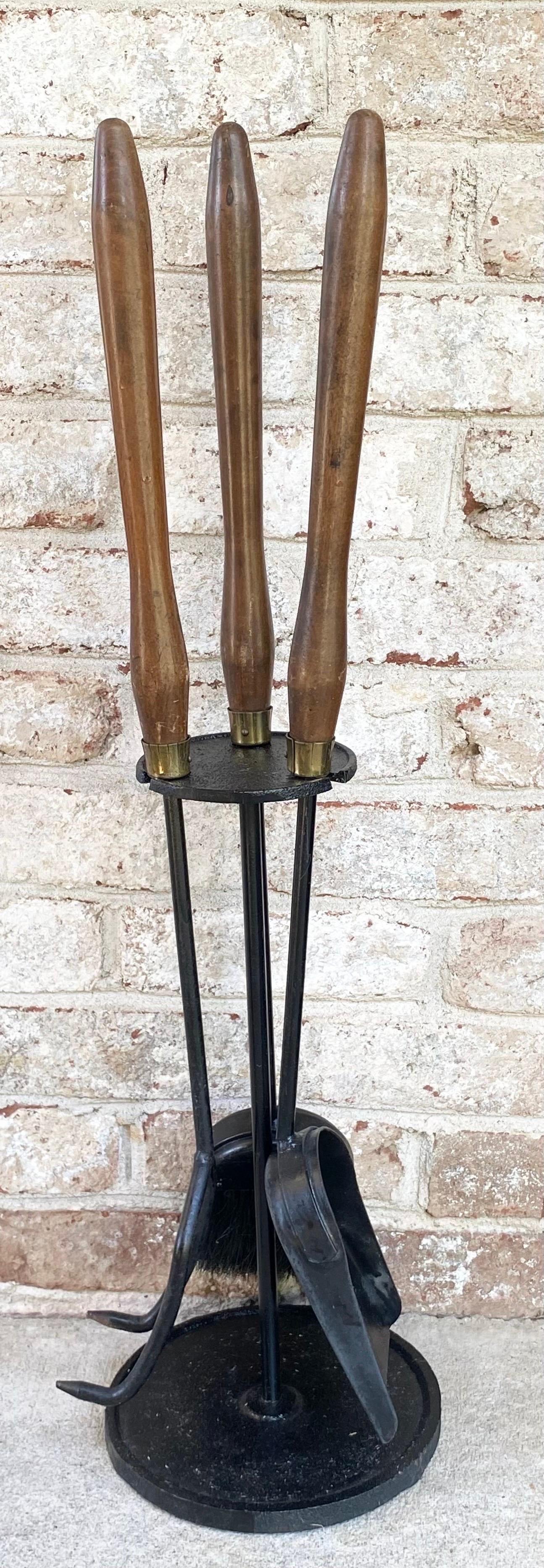 Mid-Century Wood and Iron Fireplace Tools In Good Condition In East Hampton, NY