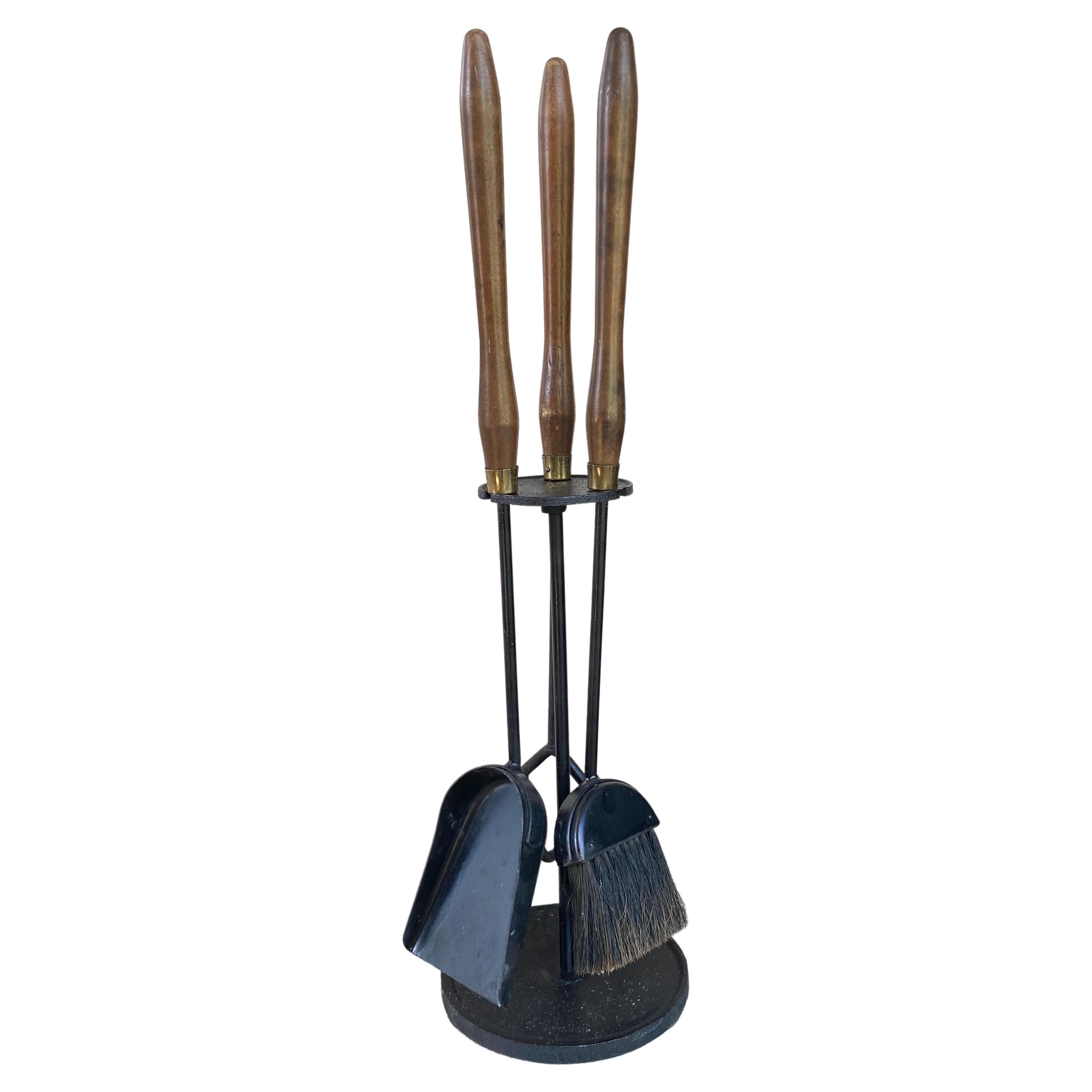 Mid-Century Wood and Iron Fireplace Tools