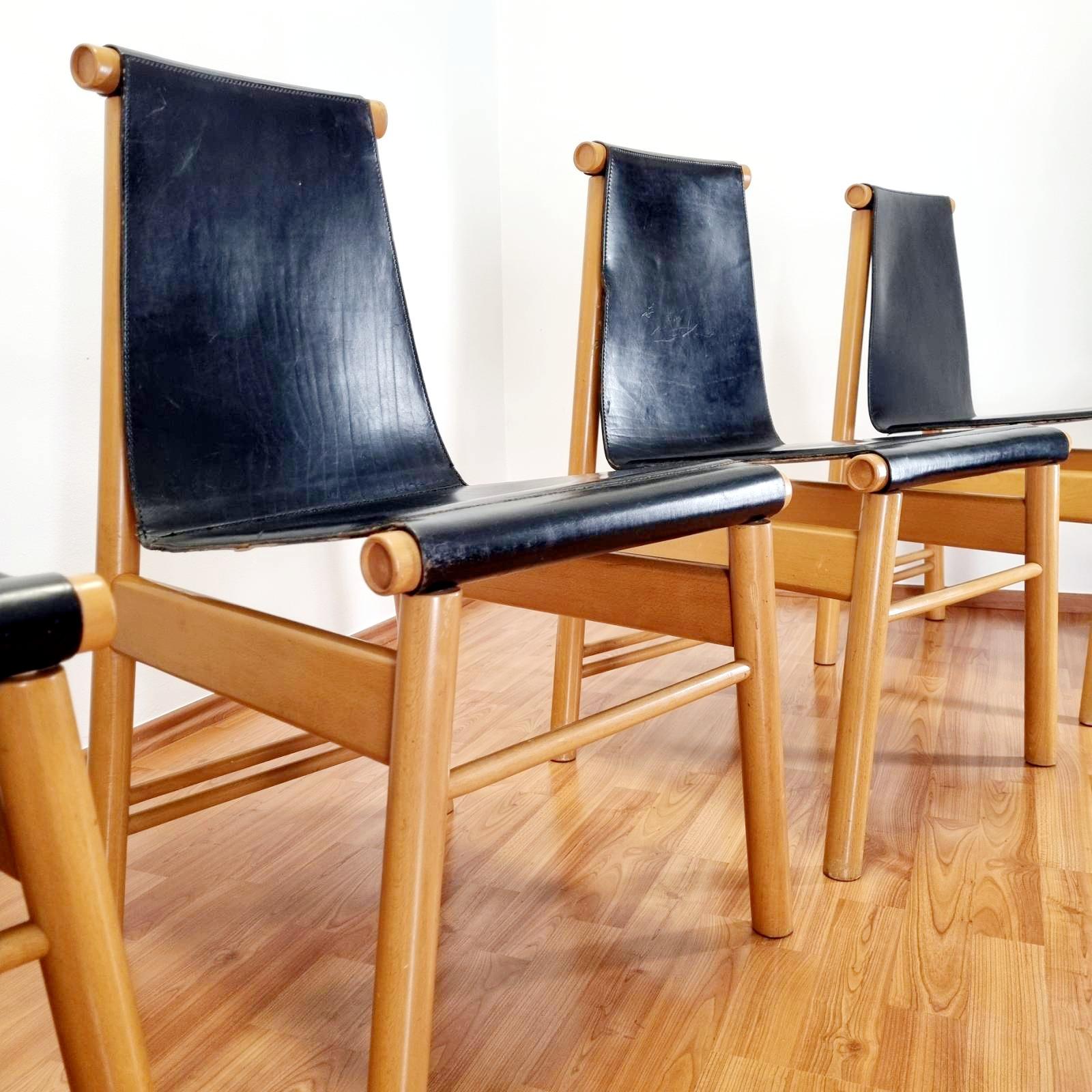 Italian Mid Century Wood and Leather Dining Chairs, Italy 70s, Set of 4 For Sale