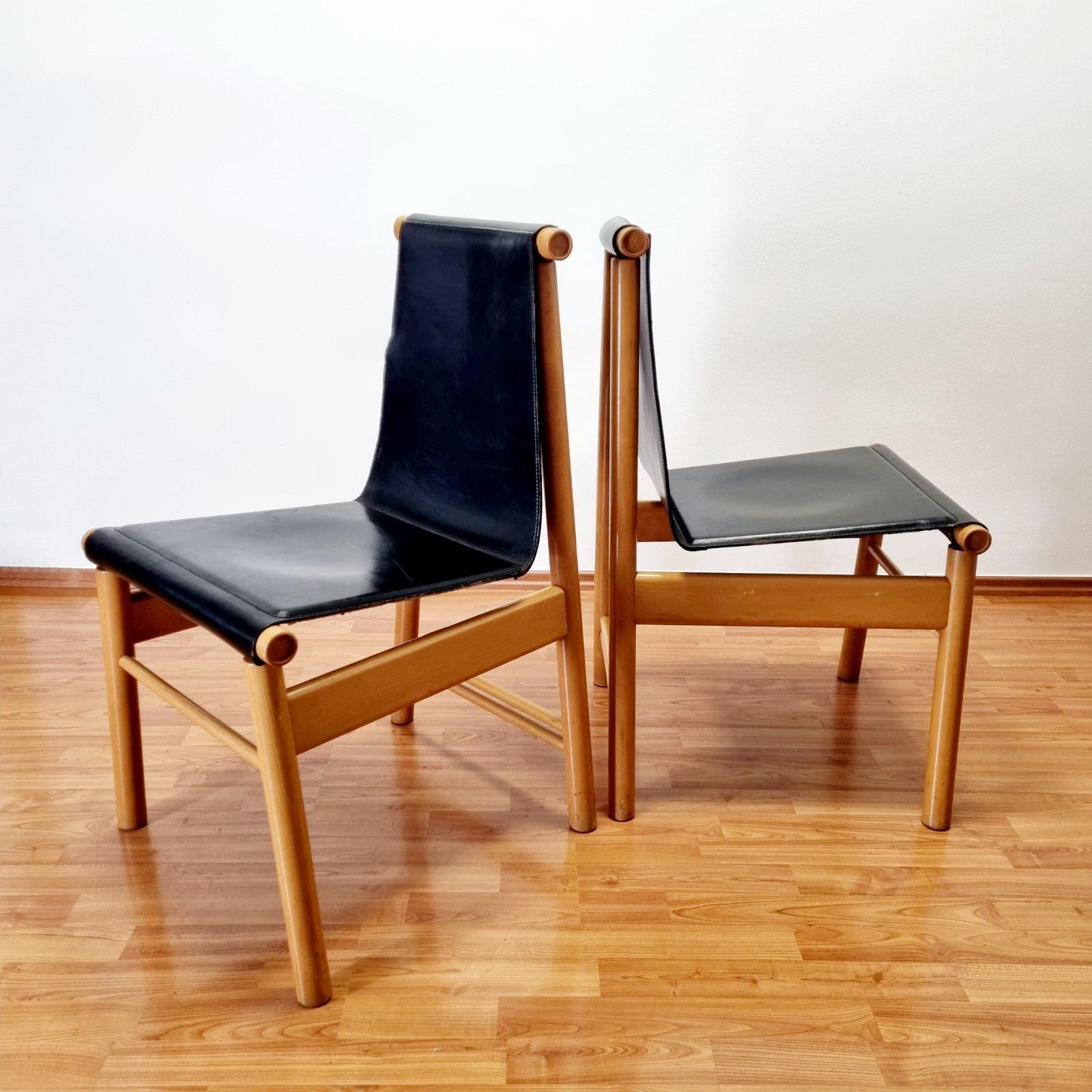 Mid Century Wood and Leather Dining Chairs, Italy 70s, Set of 4 For Sale 2
