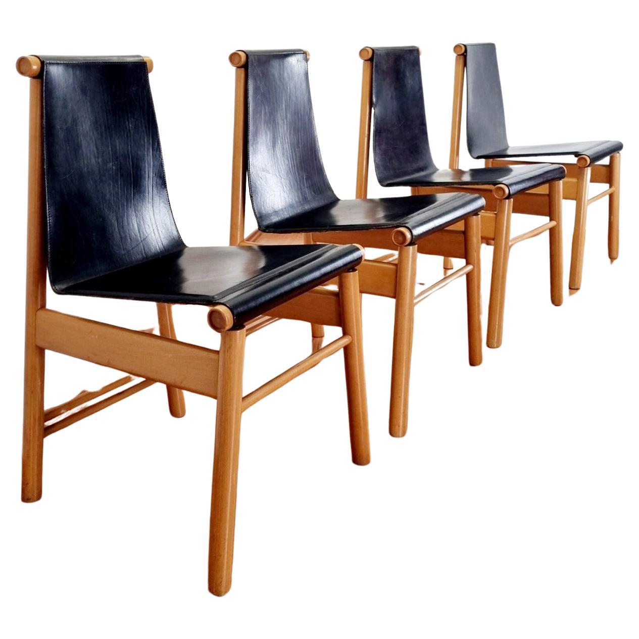 Mid Century Wood and Leather Dining Chairs, Italy 70s, Set of 4 For Sale