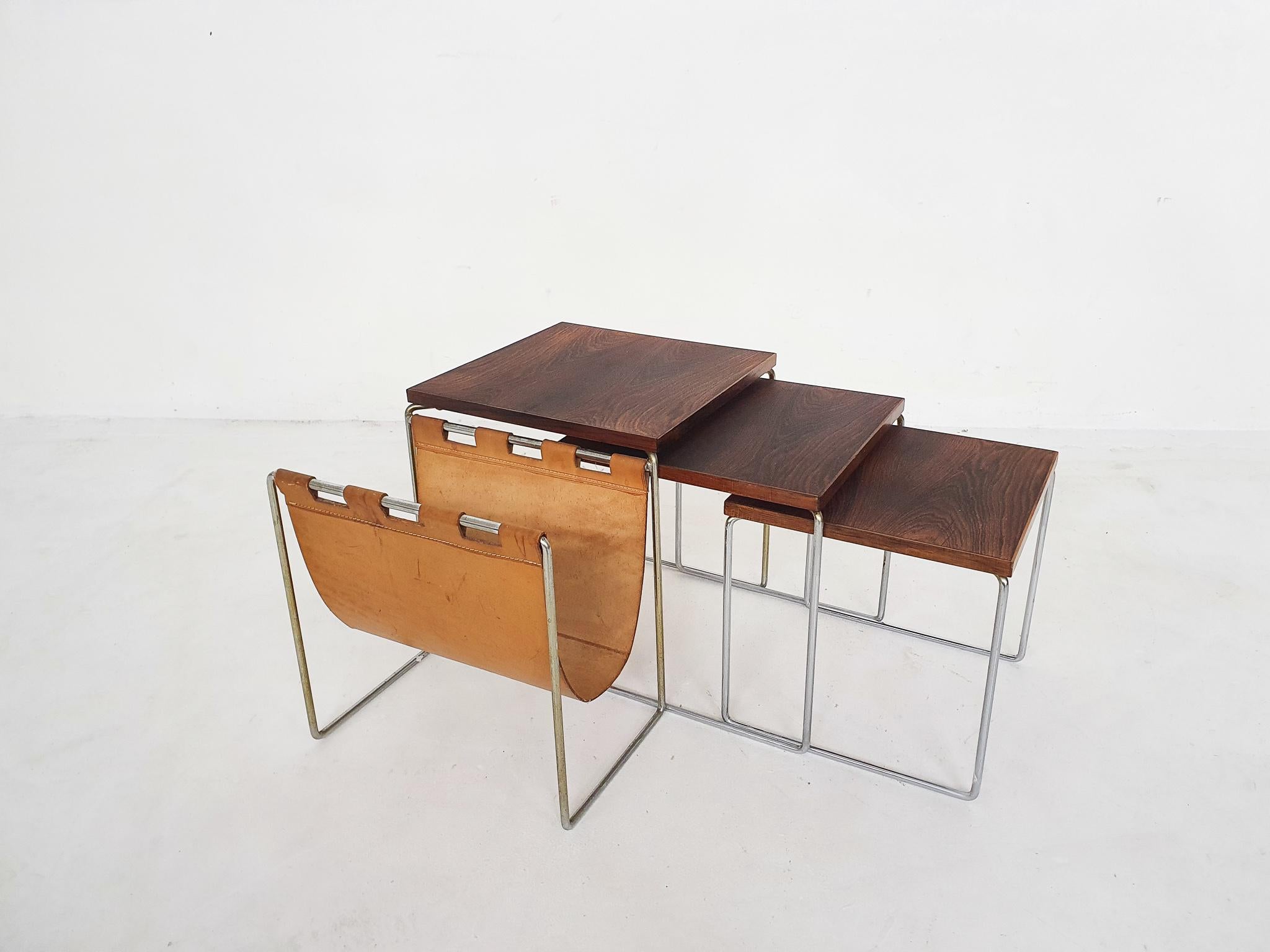 Dutch Mid-Century Wood and Leather Mimiset by Brabantia, the Netherlands 1950's For Sale