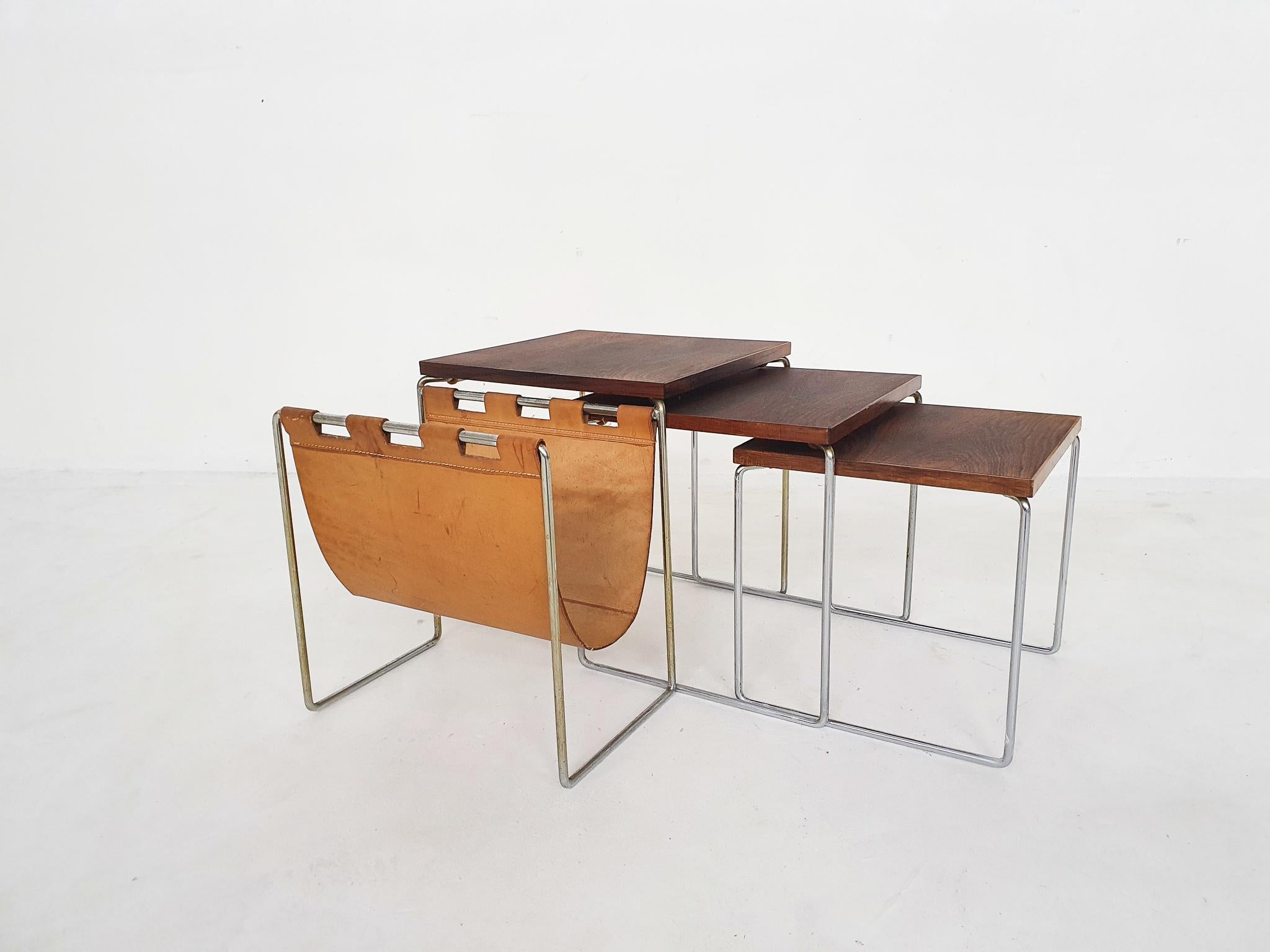 Metal Mid-Century Wood and Leather Mimiset by Brabantia, the Netherlands 1950's For Sale