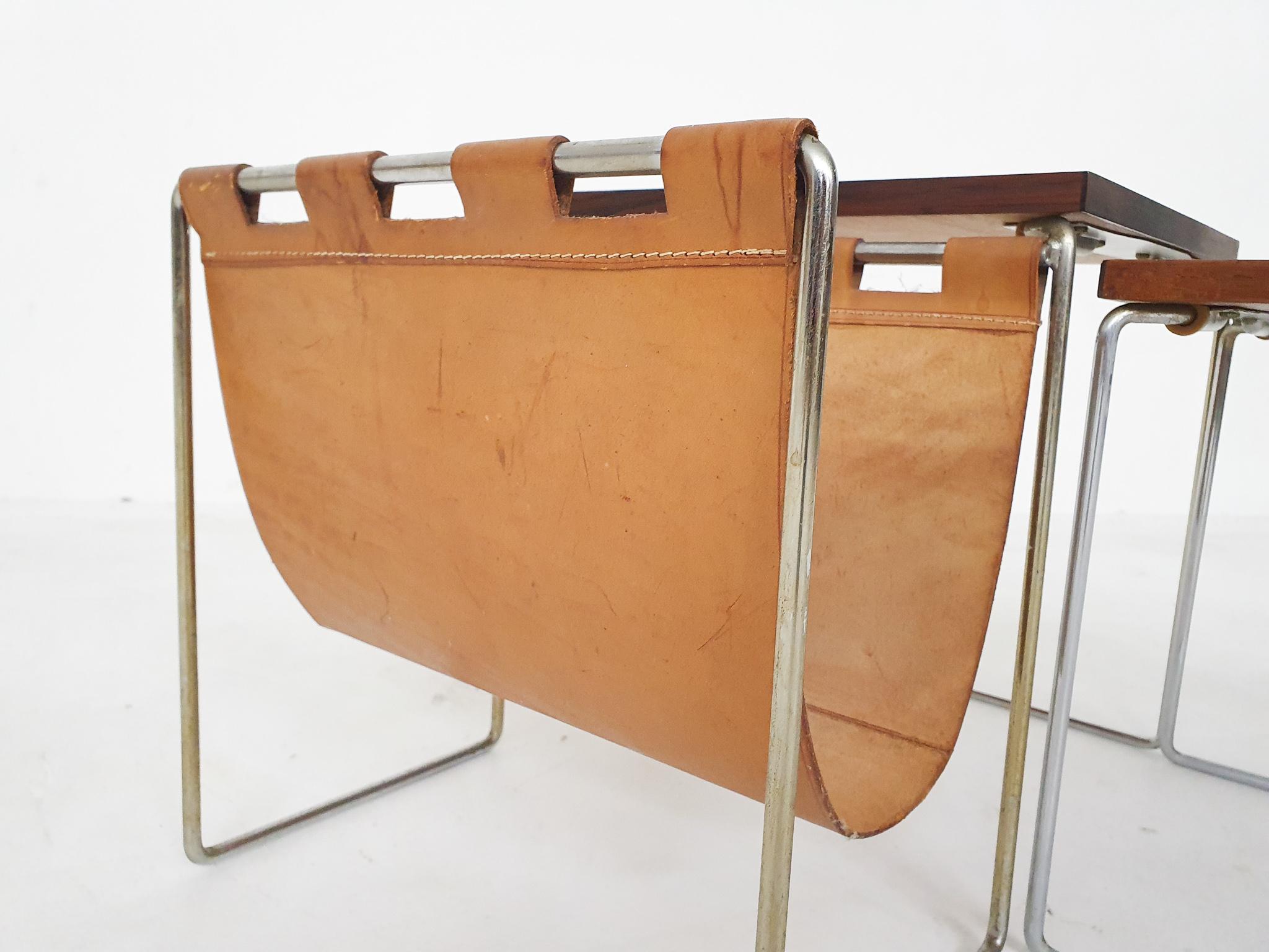 Metal Mid-Century Wood and Leather Mimiset by Brabantia, the Netherlands 1950's