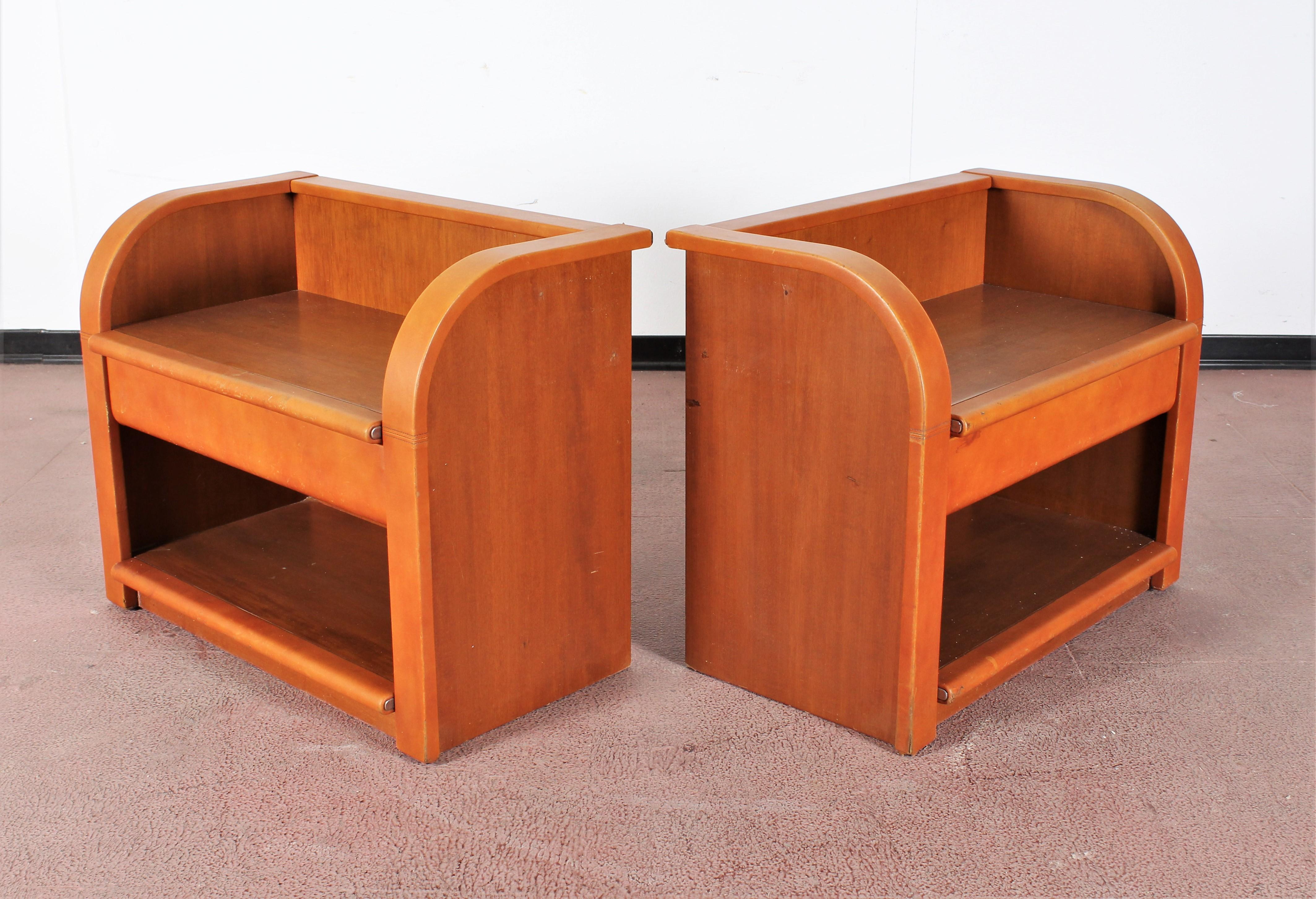 Midcentury Wood and Leather Poltrona Frau Nightstands, Set of 2, Italy, 1960s 4