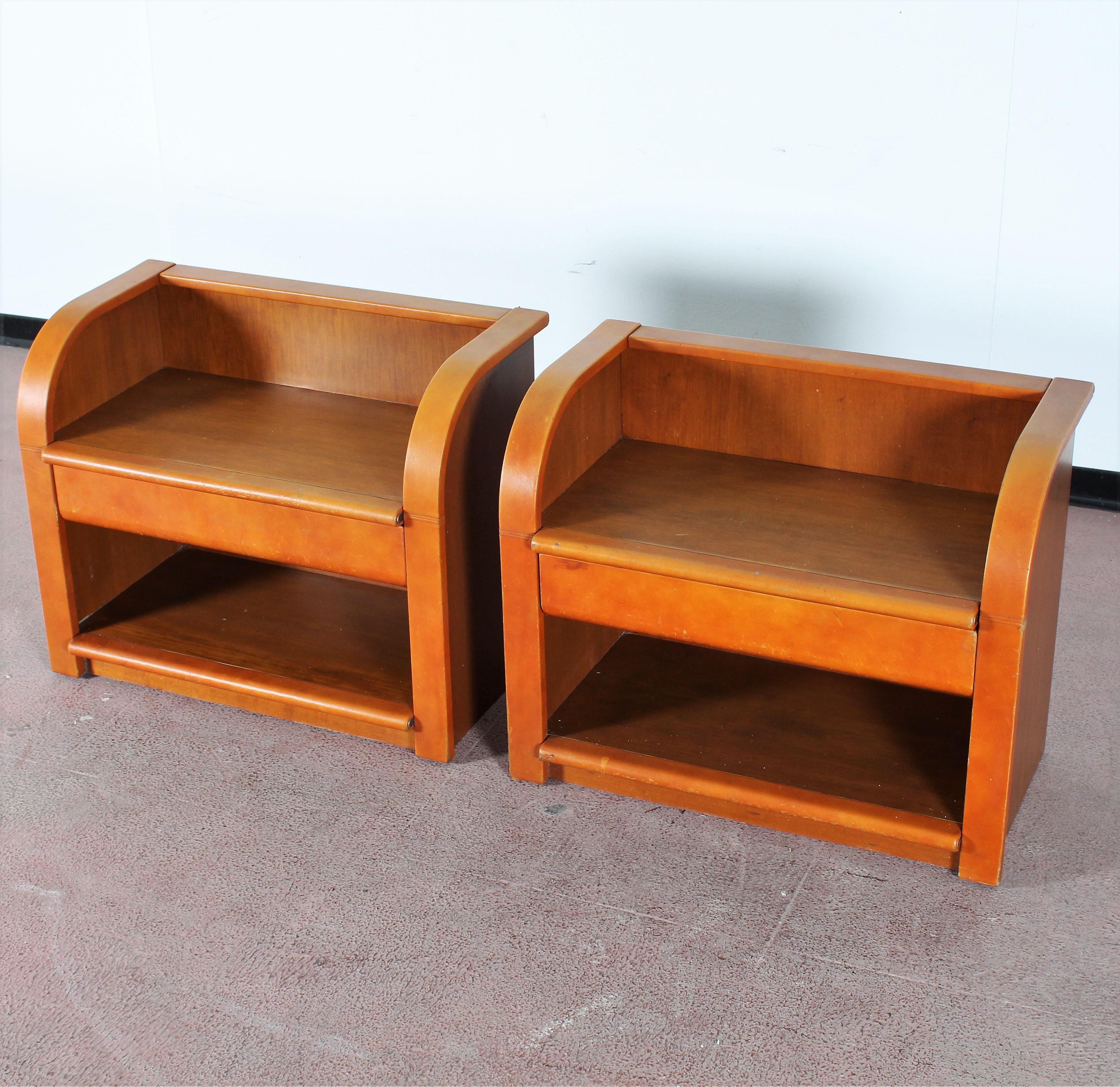 Mid-Century Modern Midcentury Wood and Leather Poltrona Frau Nightstands, Set of 2, Italy, 1960s