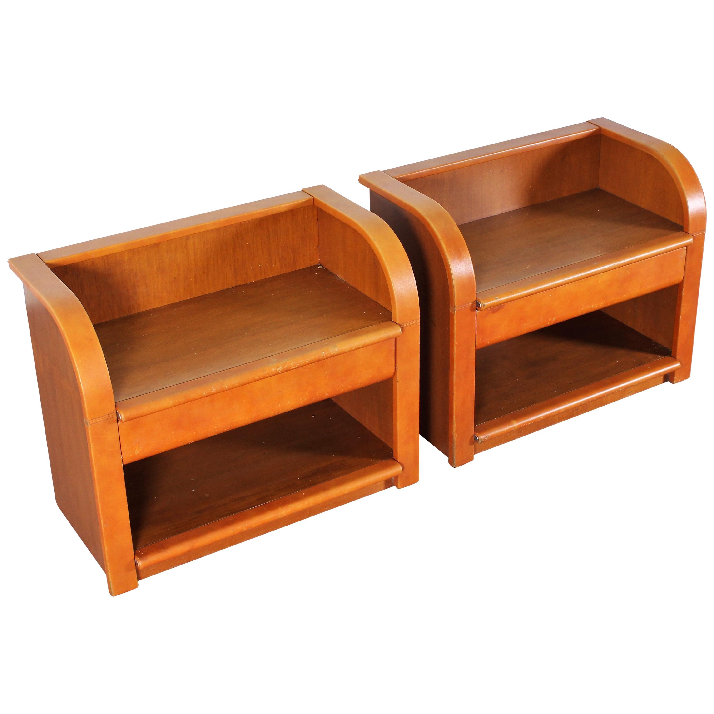 Midcentury Wood and Leather Poltrona Frau Nightstands, Set of 2, Italy, 1960s
