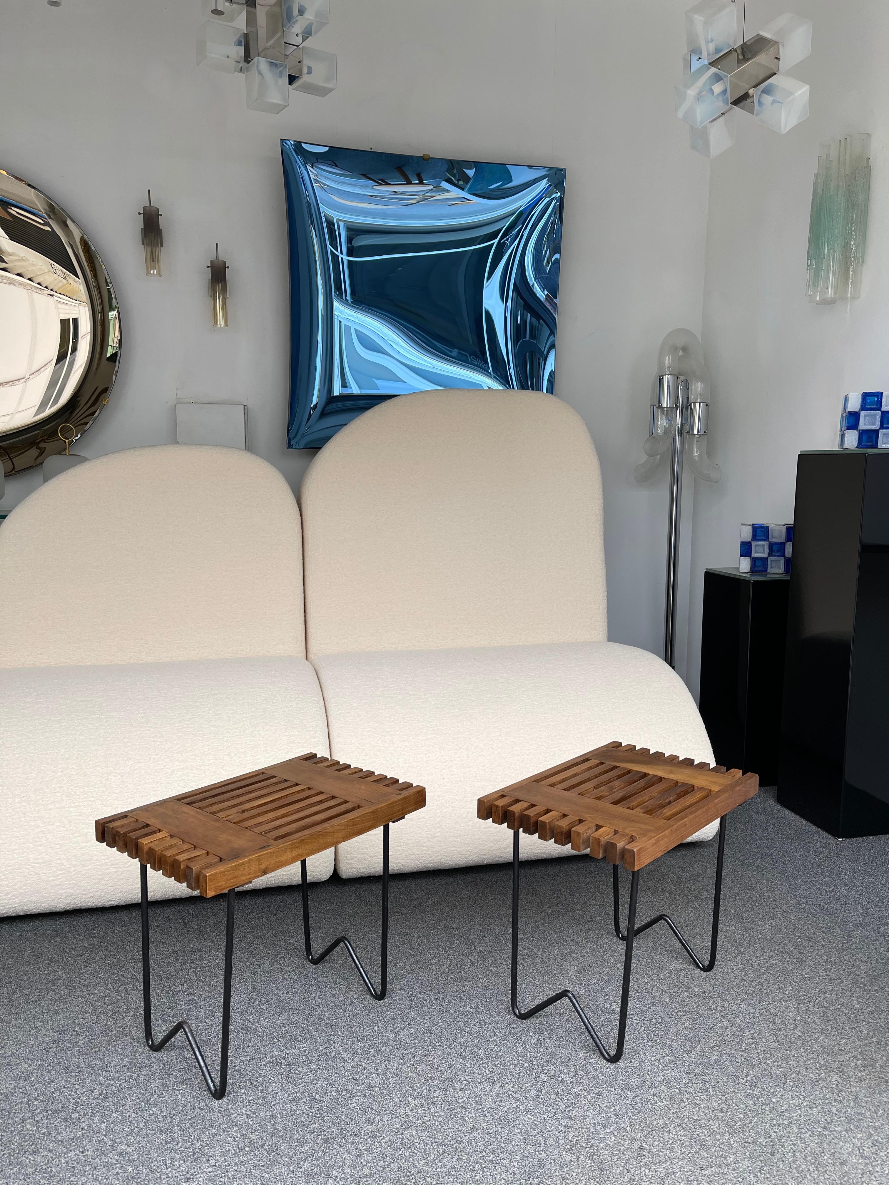 Italian Mid-Century Modern wood and black lacquered metal feet stools poufs or ottoman or coffee low cocktail, side end tables or nightstands. In the mood of Gio Ponti, Pierre Jeanneret, Chandigarh, Le Corbusier, Jean Prouvé, Charlotte Perriand