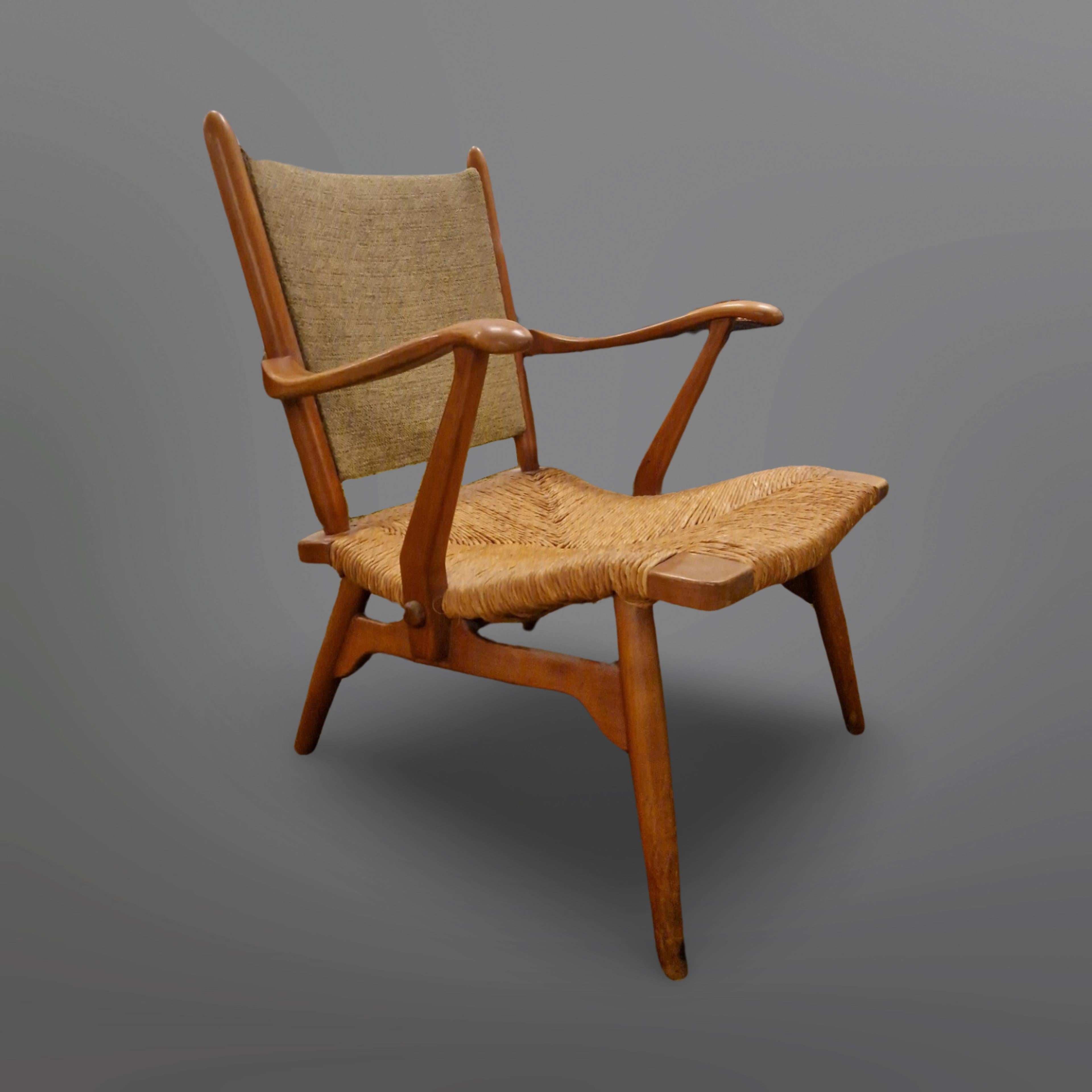 Mid-Century Modern Mid century wood and rush lounge chair by de Ster Gelderland, Netherlands 1950s