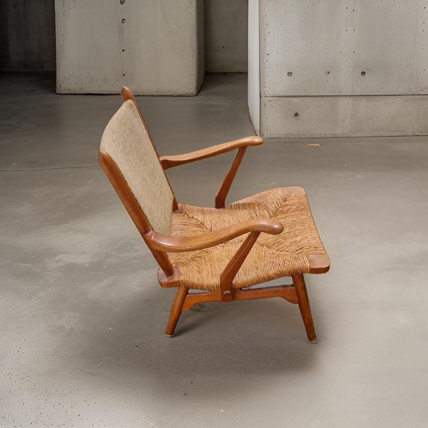 Fabric Mid century wood and rush lounge chair by de Ster Gelderland, Netherlands 1950s