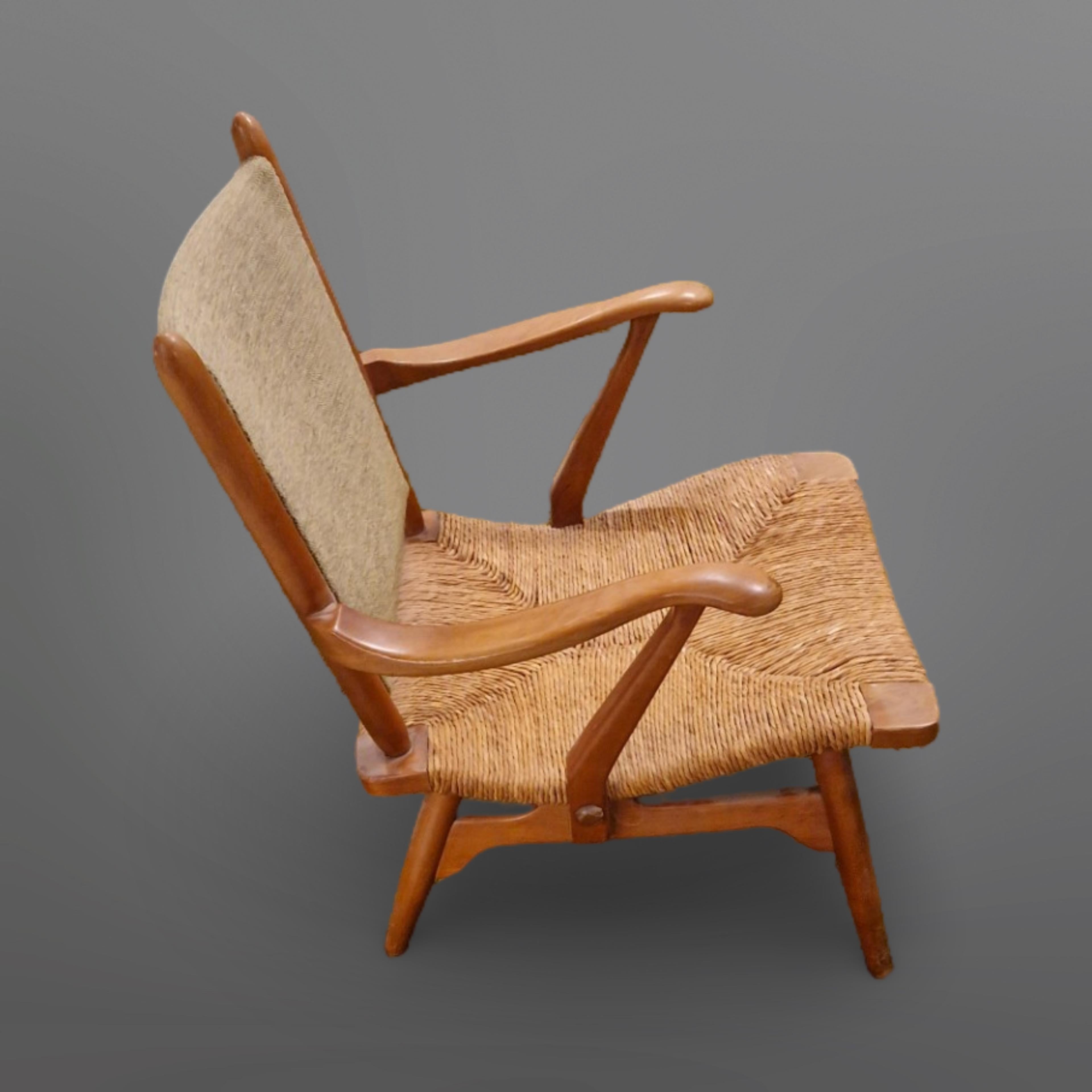 Mid century wood and rush lounge chair by de Ster Gelderland, Netherlands 1950s 1