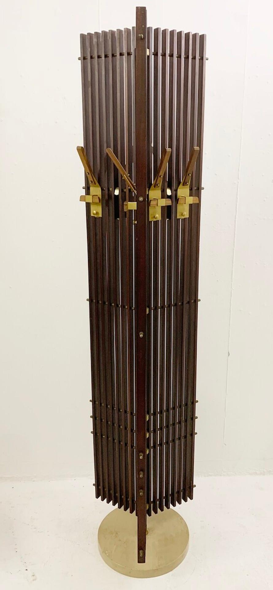Mid-century wood and travertine feet swivel slatted modulable coat rack - Italy.
