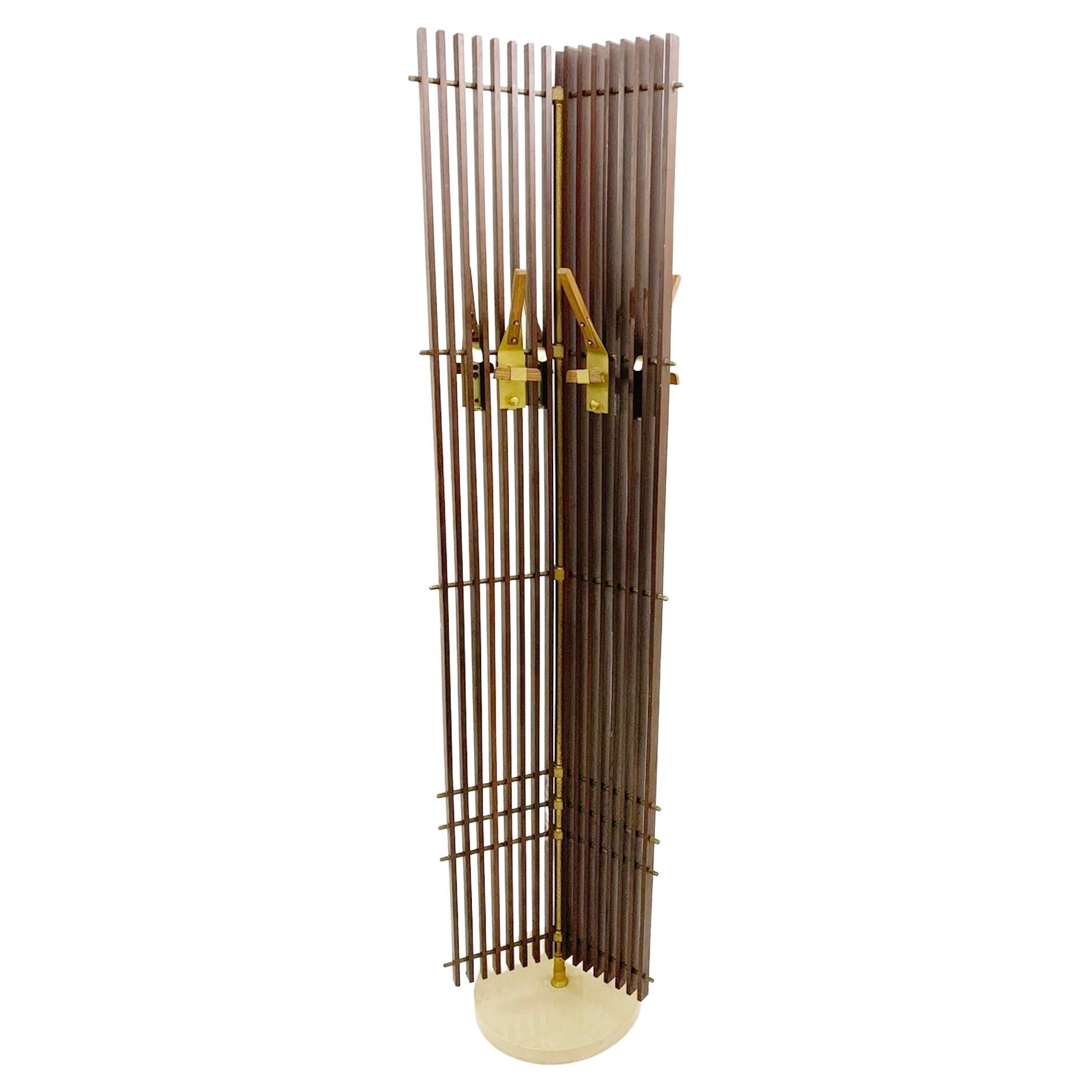 MidCentury Modulable Slatted Wood and Brass Coat Rack, Italy 1950s For