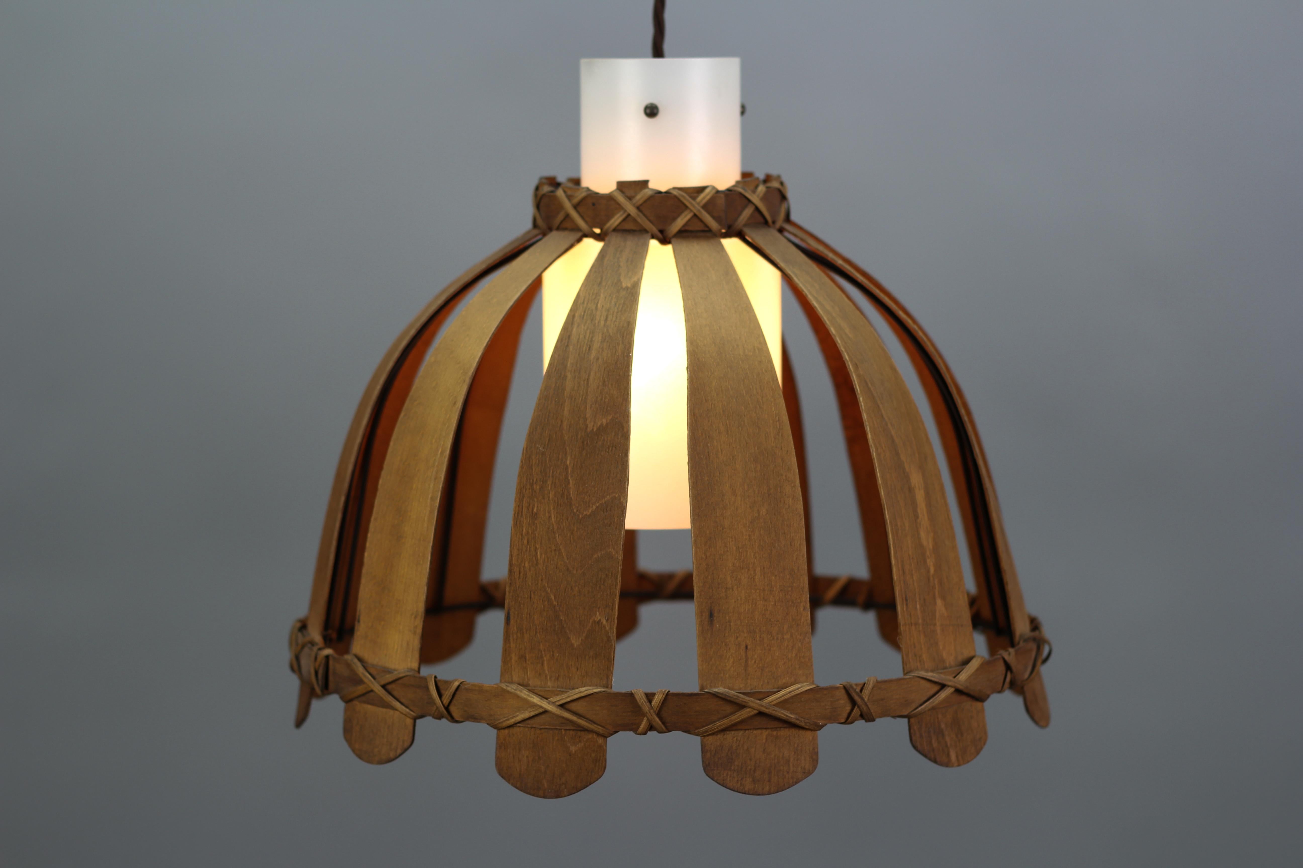 Mid-Century Wood and White Glass Pendant Lamp, 1970s 2