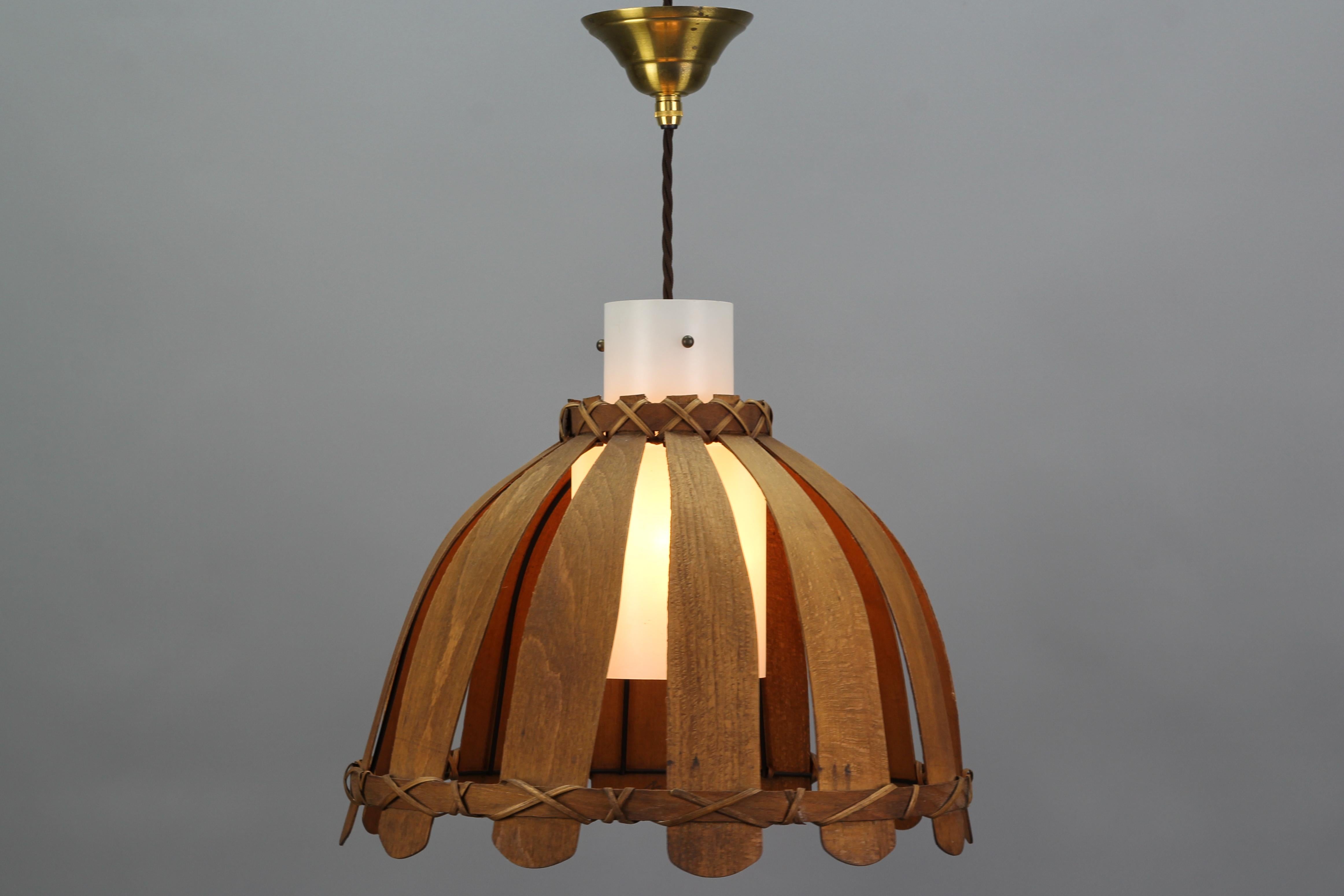 Mid-Century Wood and White Glass Pendant Lamp, 1970s 3