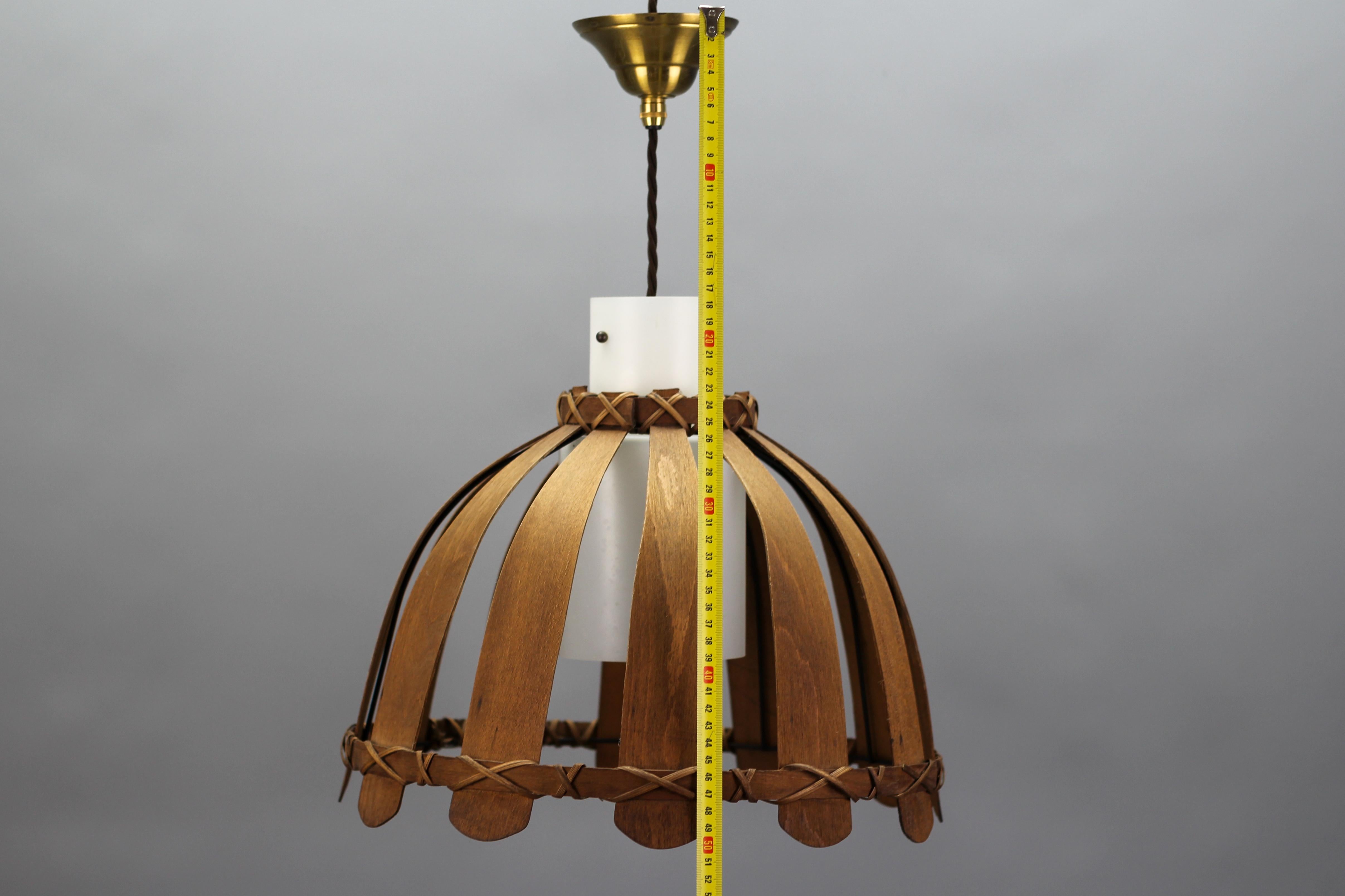 Mid-Century Wood and White Glass Pendant Lamp, 1970s 11