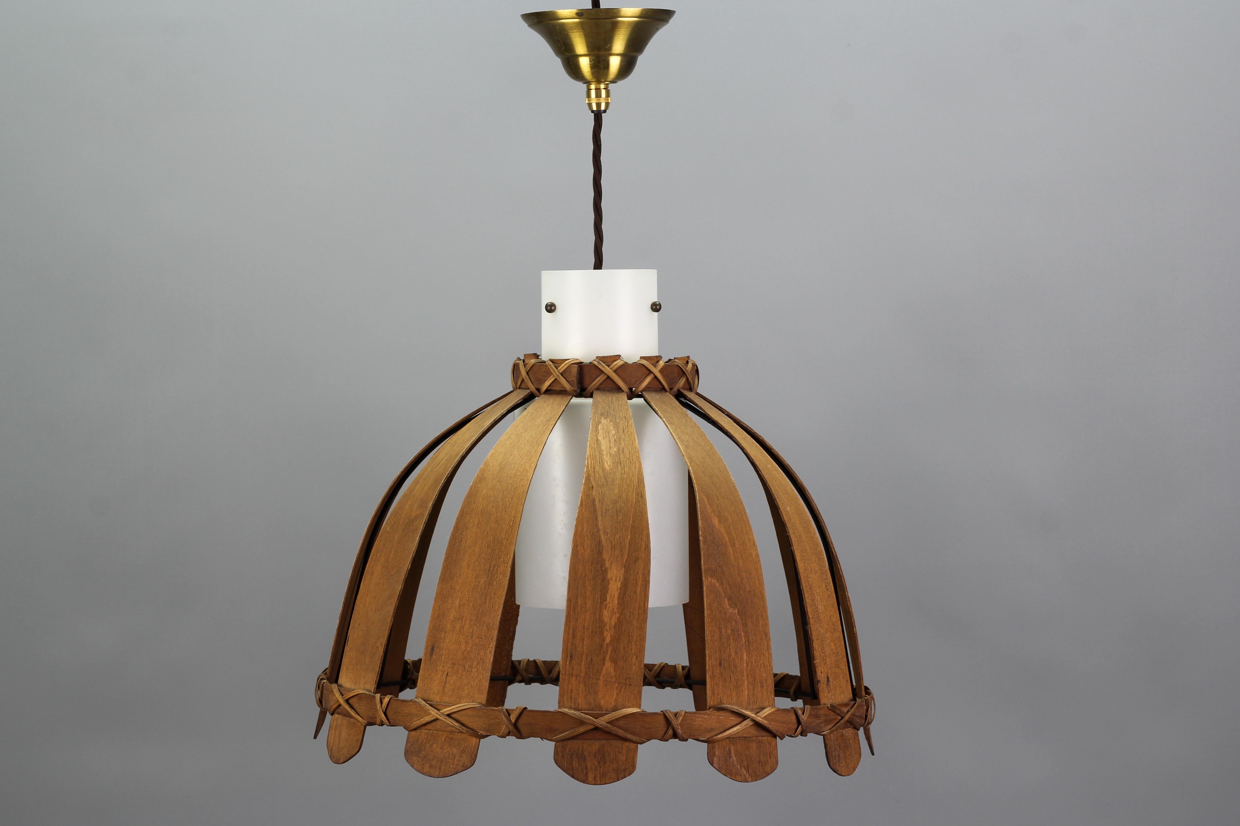Mid-Century Wood and White Glass Pendant Lamp, 1970s 12