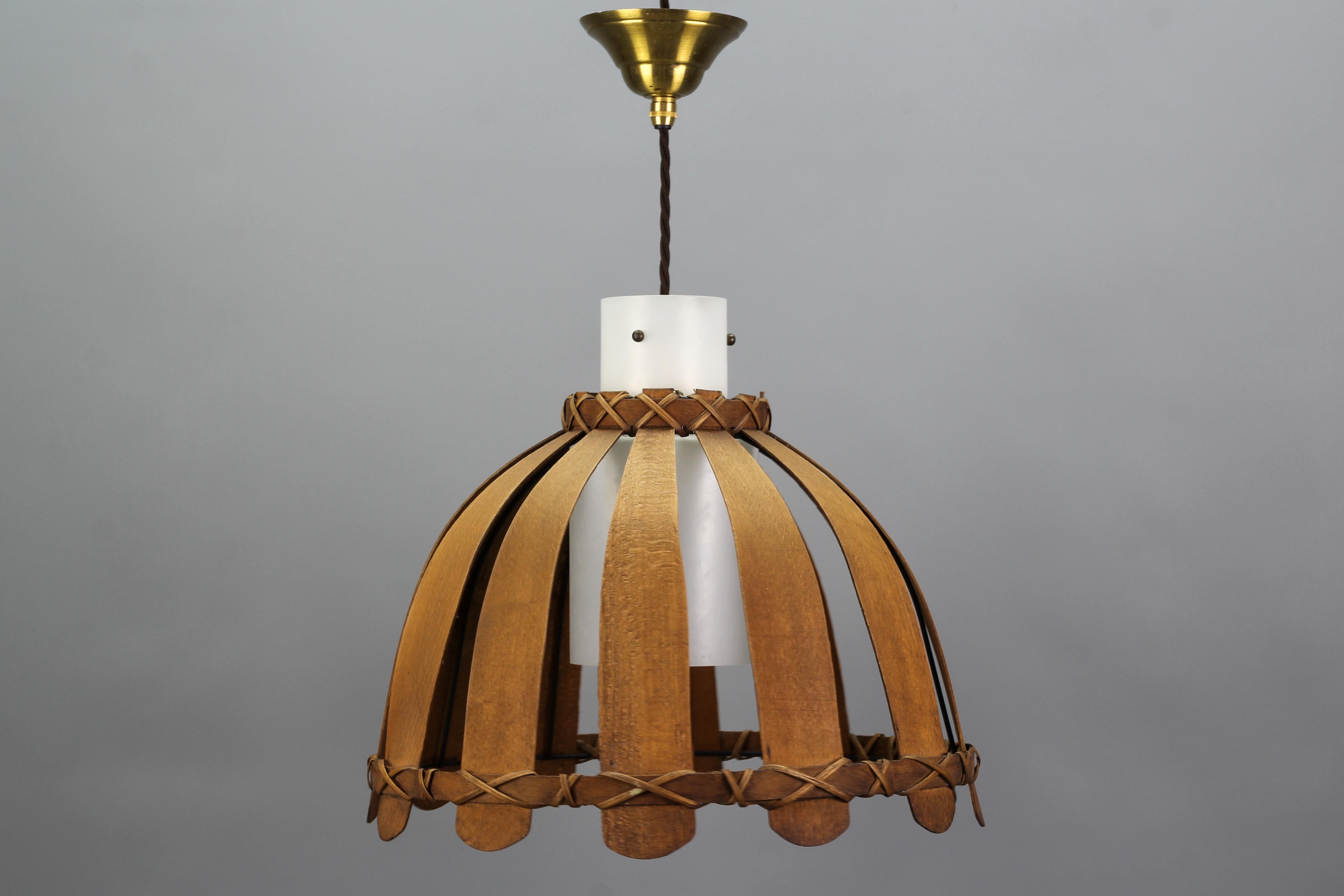 Mid-Century Modern Mid-Century Wood and White Glass Pendant Lamp, 1970s