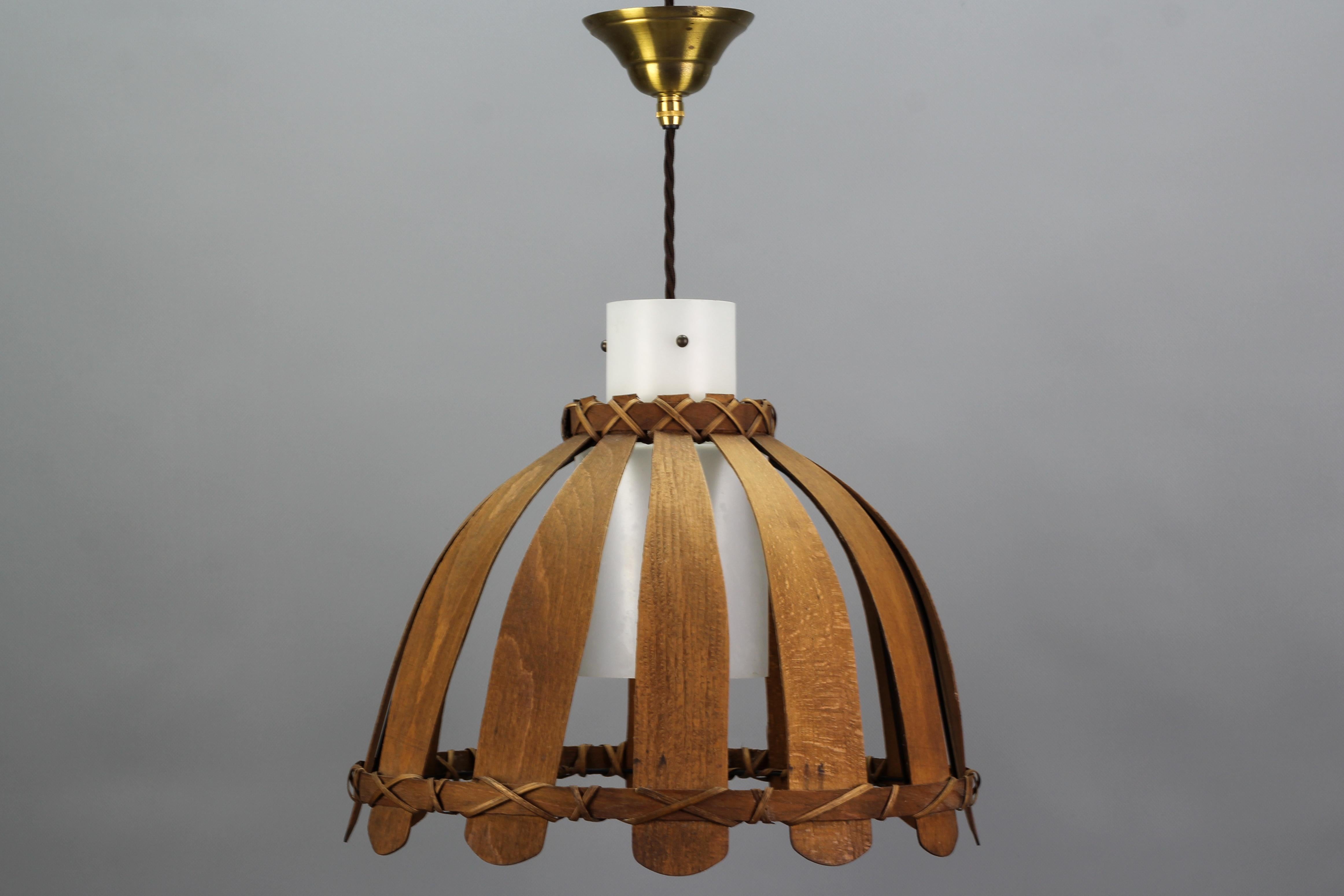 German Mid-Century Wood and White Glass Pendant Lamp, 1970s