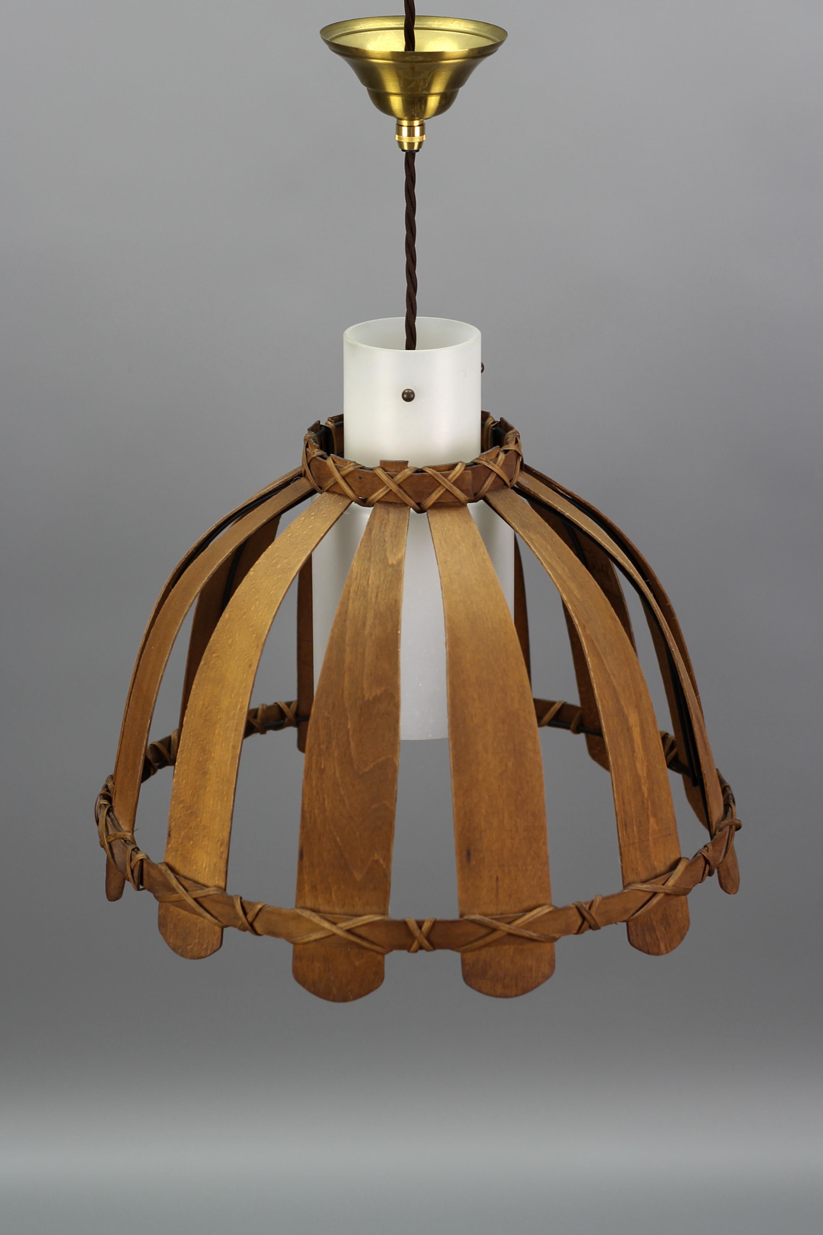 Mid-Century Wood and White Glass Pendant Lamp, 1970s In Good Condition In Barntrup, DE