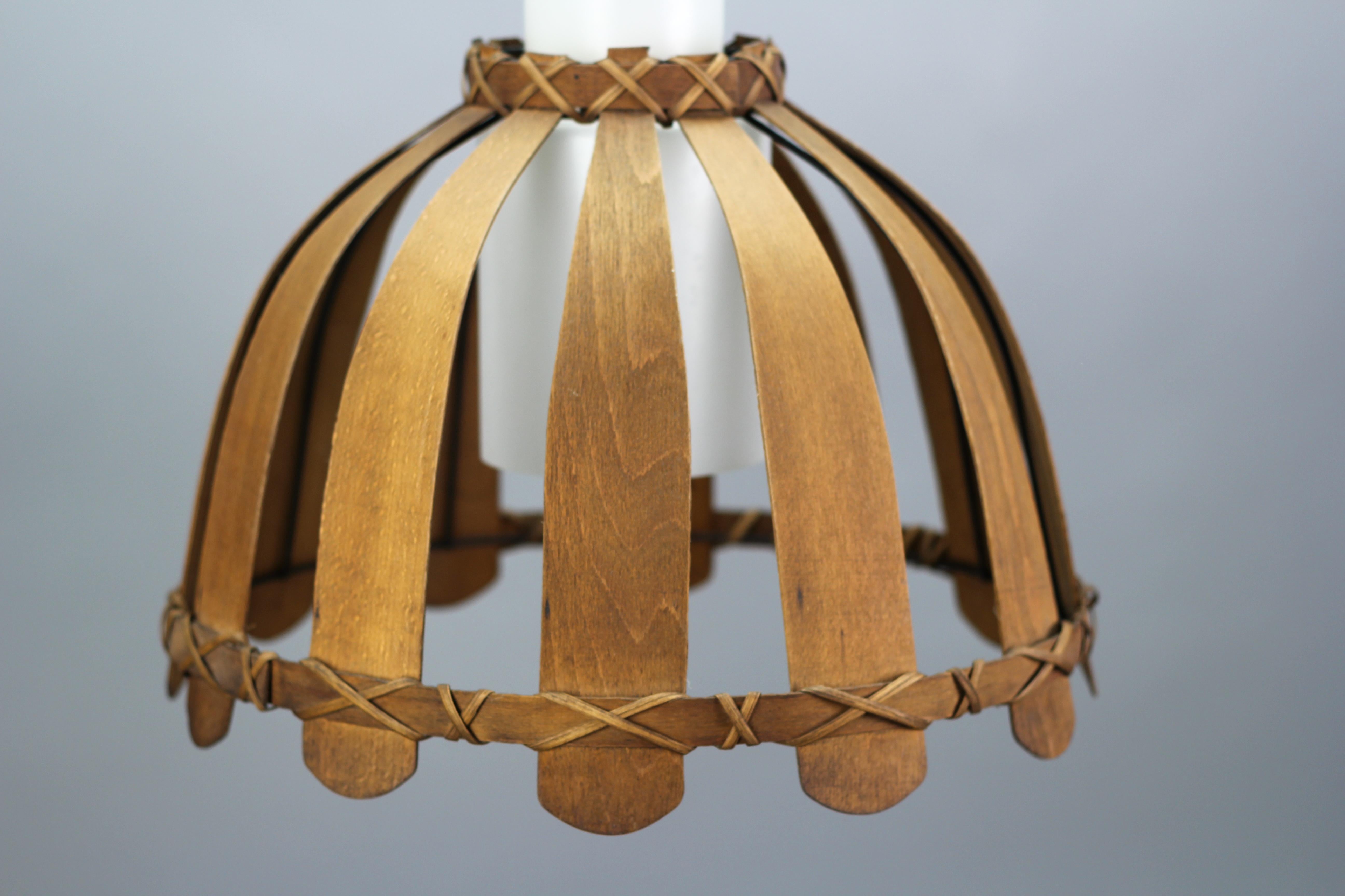 Late 20th Century Mid-Century Wood and White Glass Pendant Lamp, 1970s