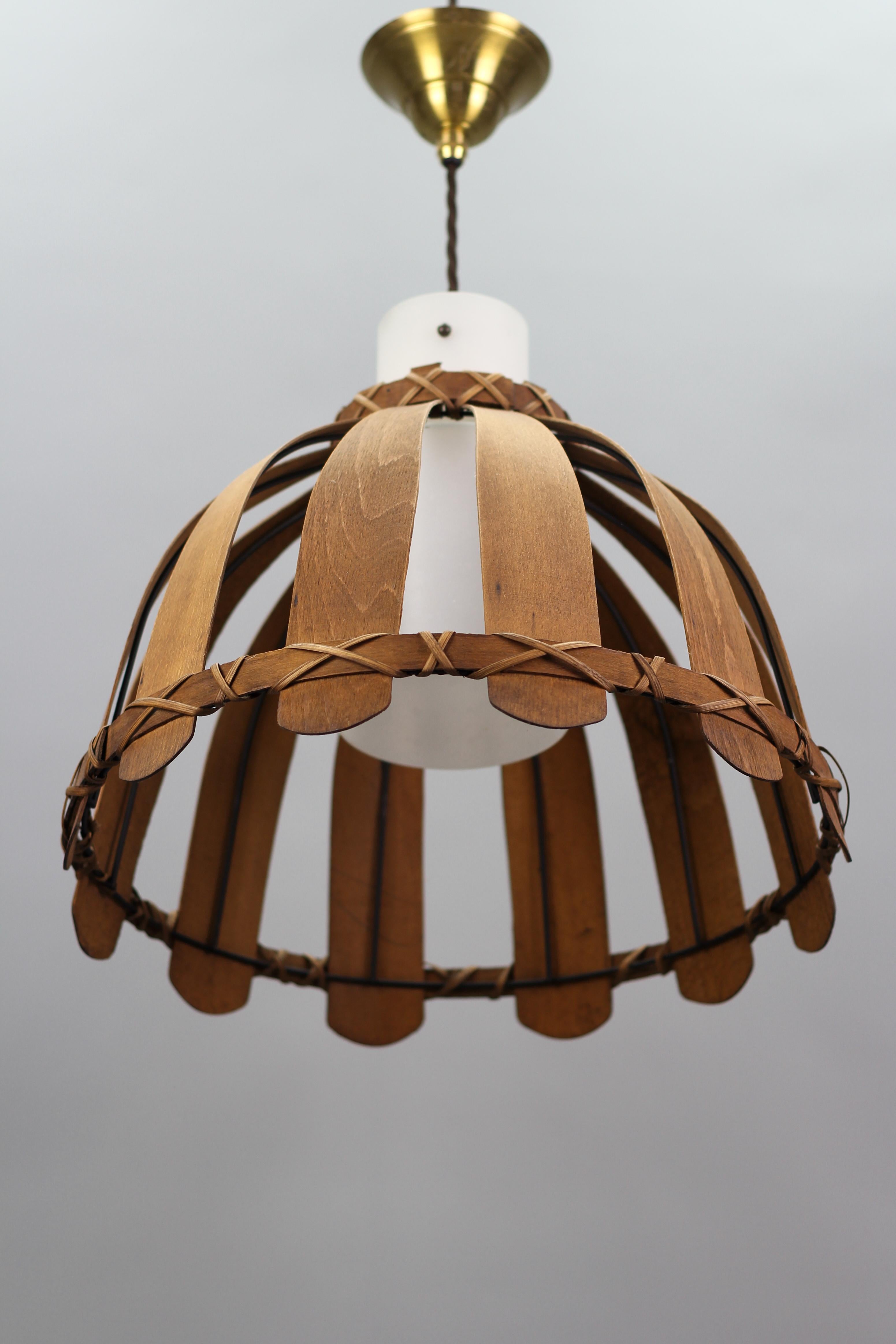 Metal Mid-Century Wood and White Glass Pendant Lamp, 1970s