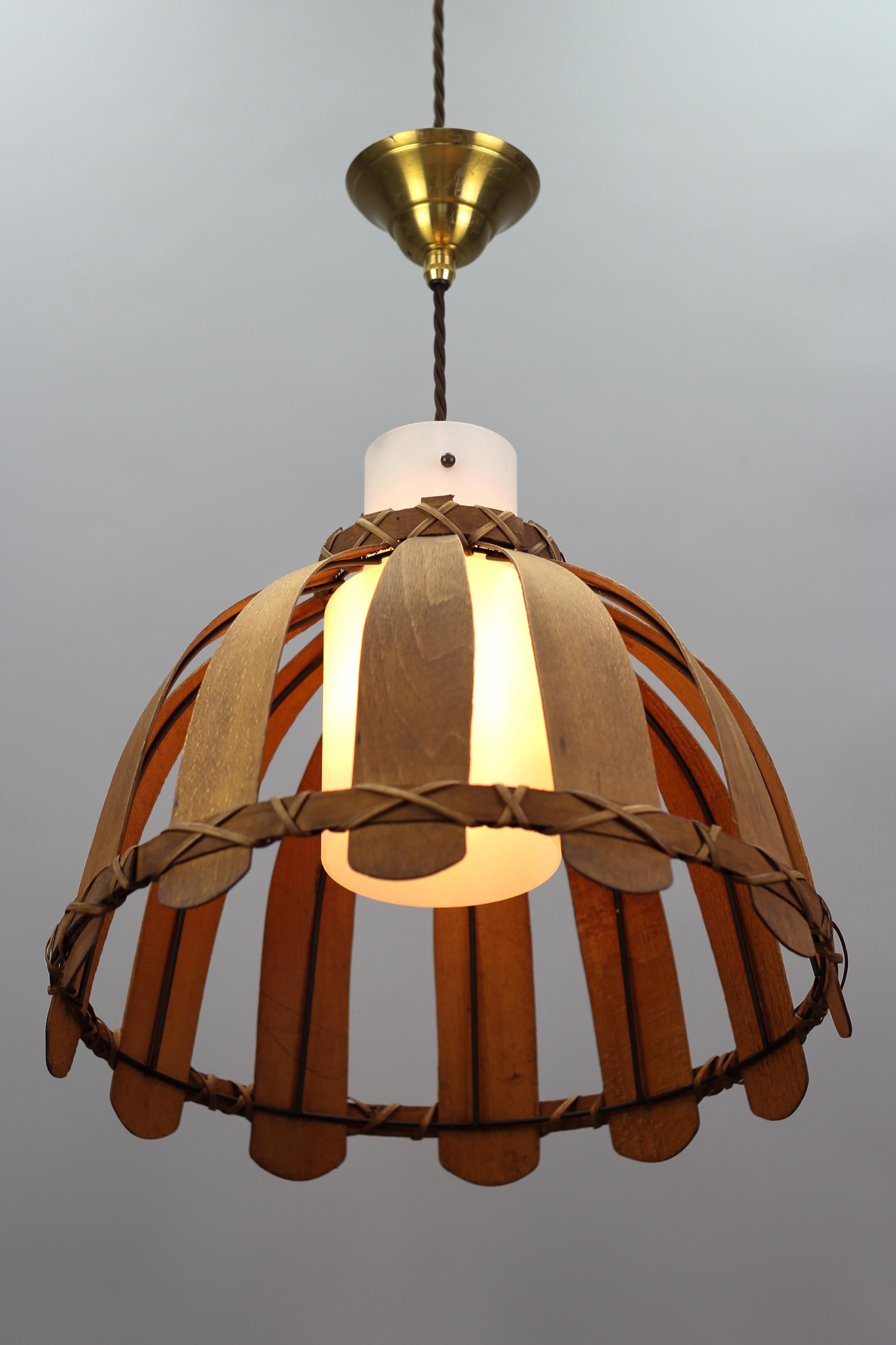 Mid-Century Wood and White Glass Pendant Lamp, 1970s 1