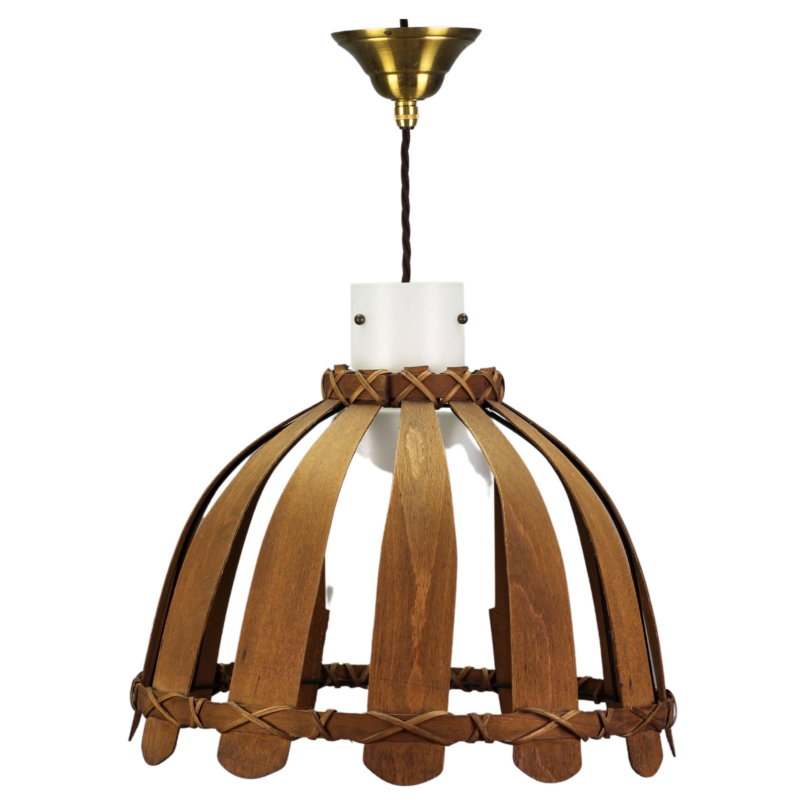 Mid-Century Wood and White Glass Pendant Lamp, 1970s