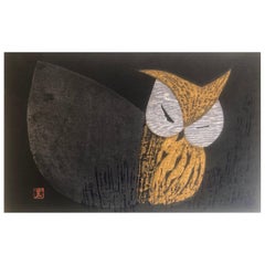 Mid-Century Wood Block Owl Print Moonlight Night" by Kaoru Kawano