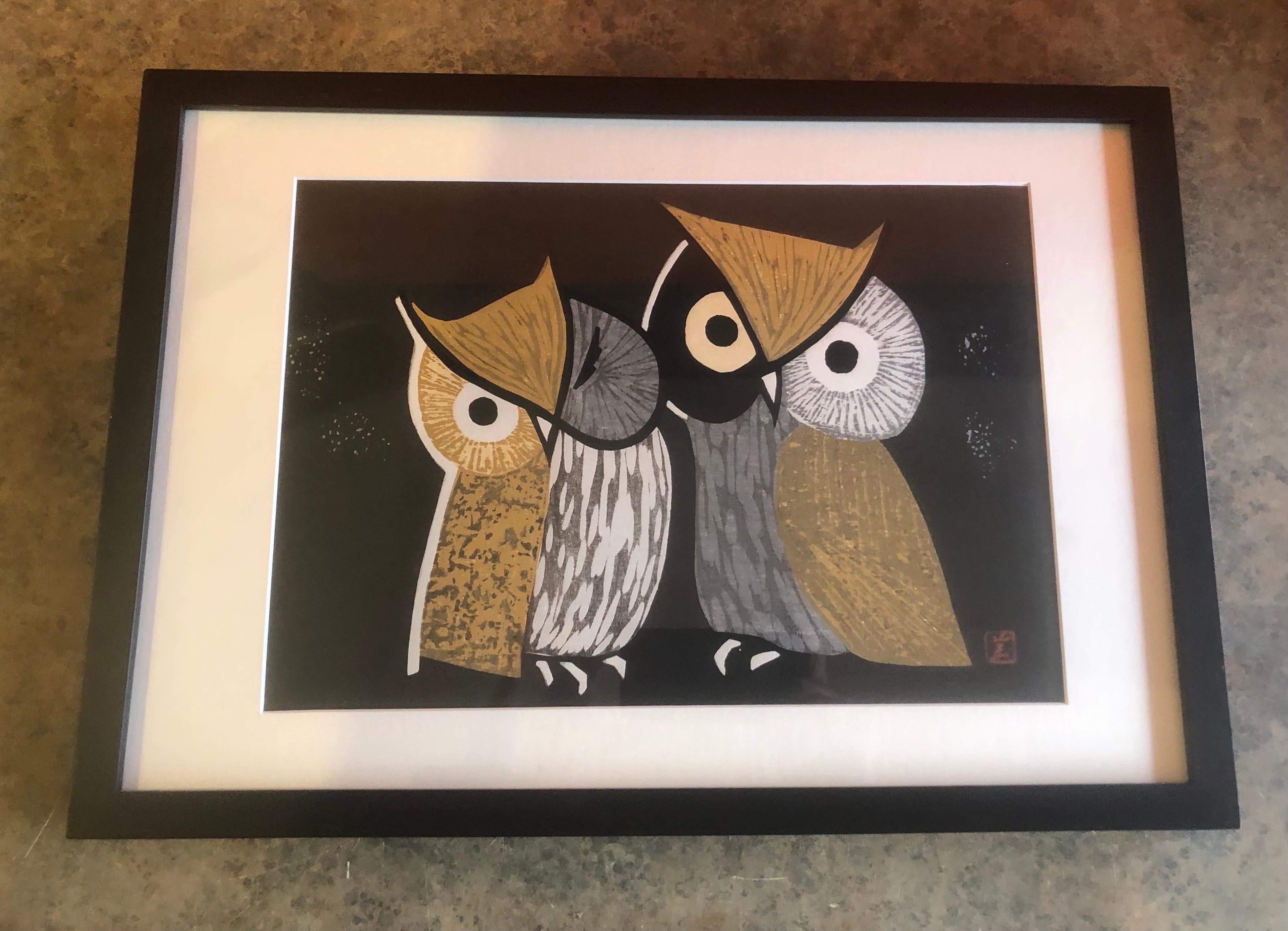 Mid-Century Wood Block Owl Print 