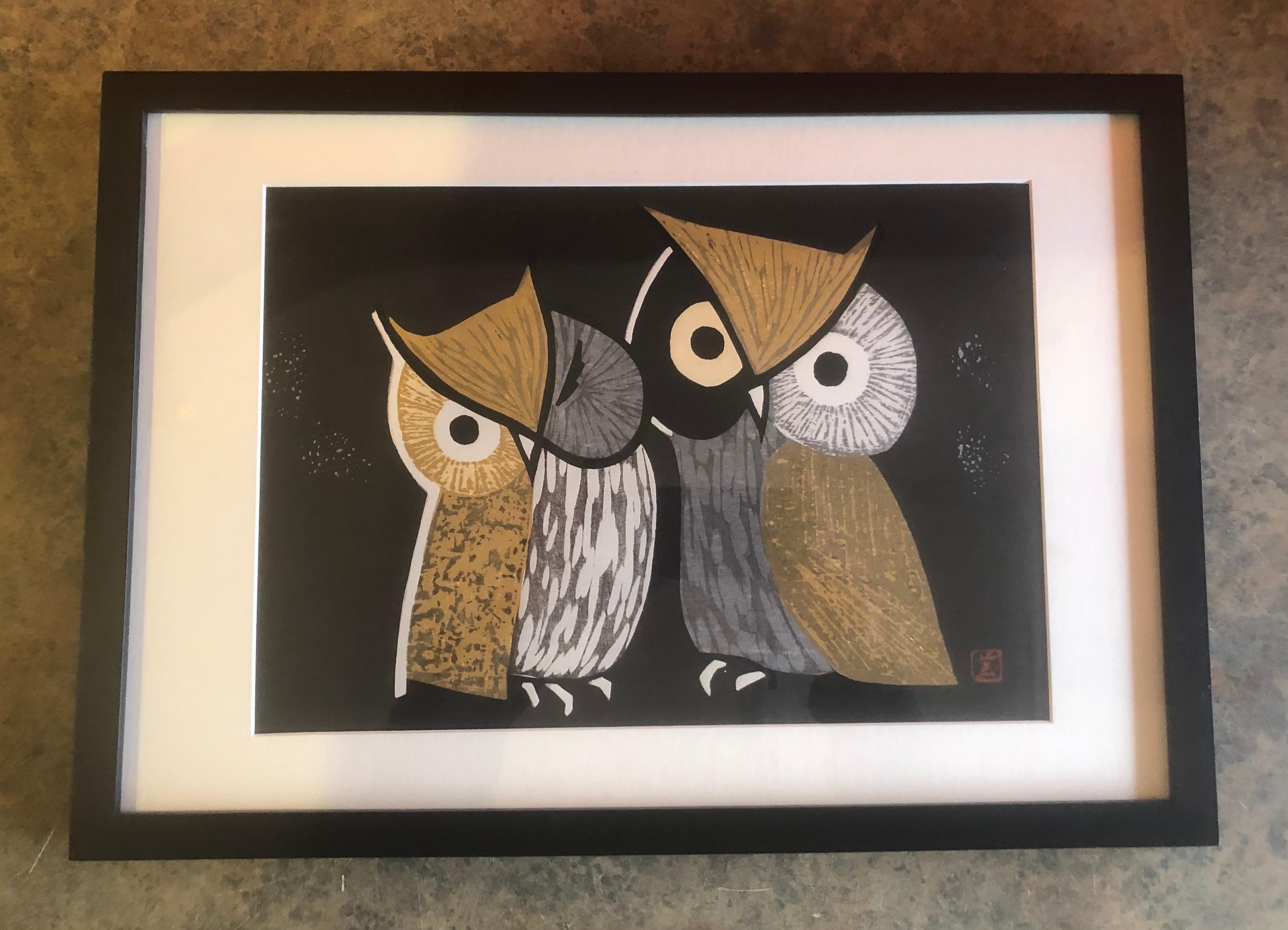 Mid-century wood block print of two owls known as 