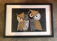 Mid-Century Wood Block Owl Print "Three Eyes" by Kaoru Kawano